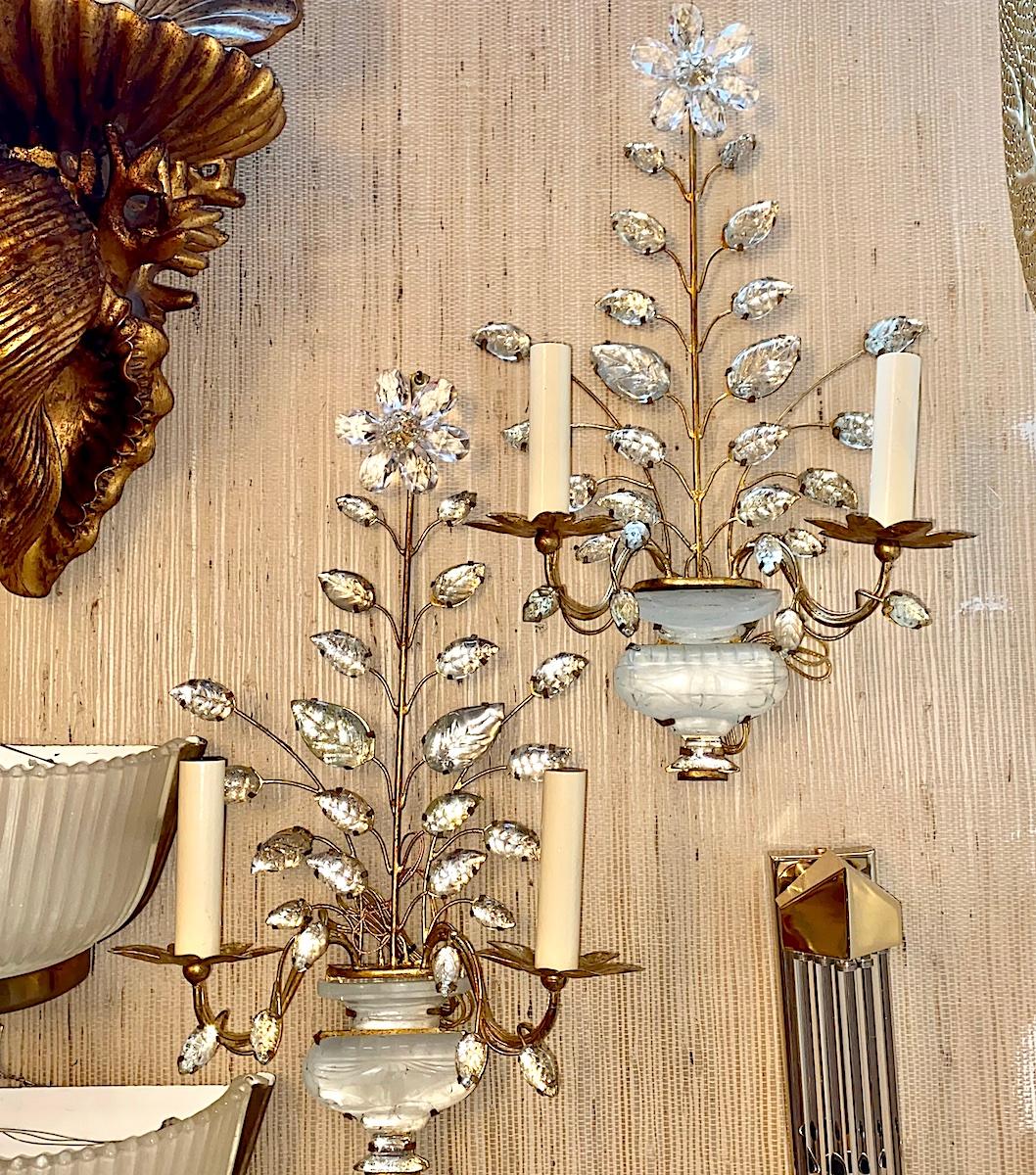 Gilt Metal Sconces with Crystal Flowers For Sale 2
