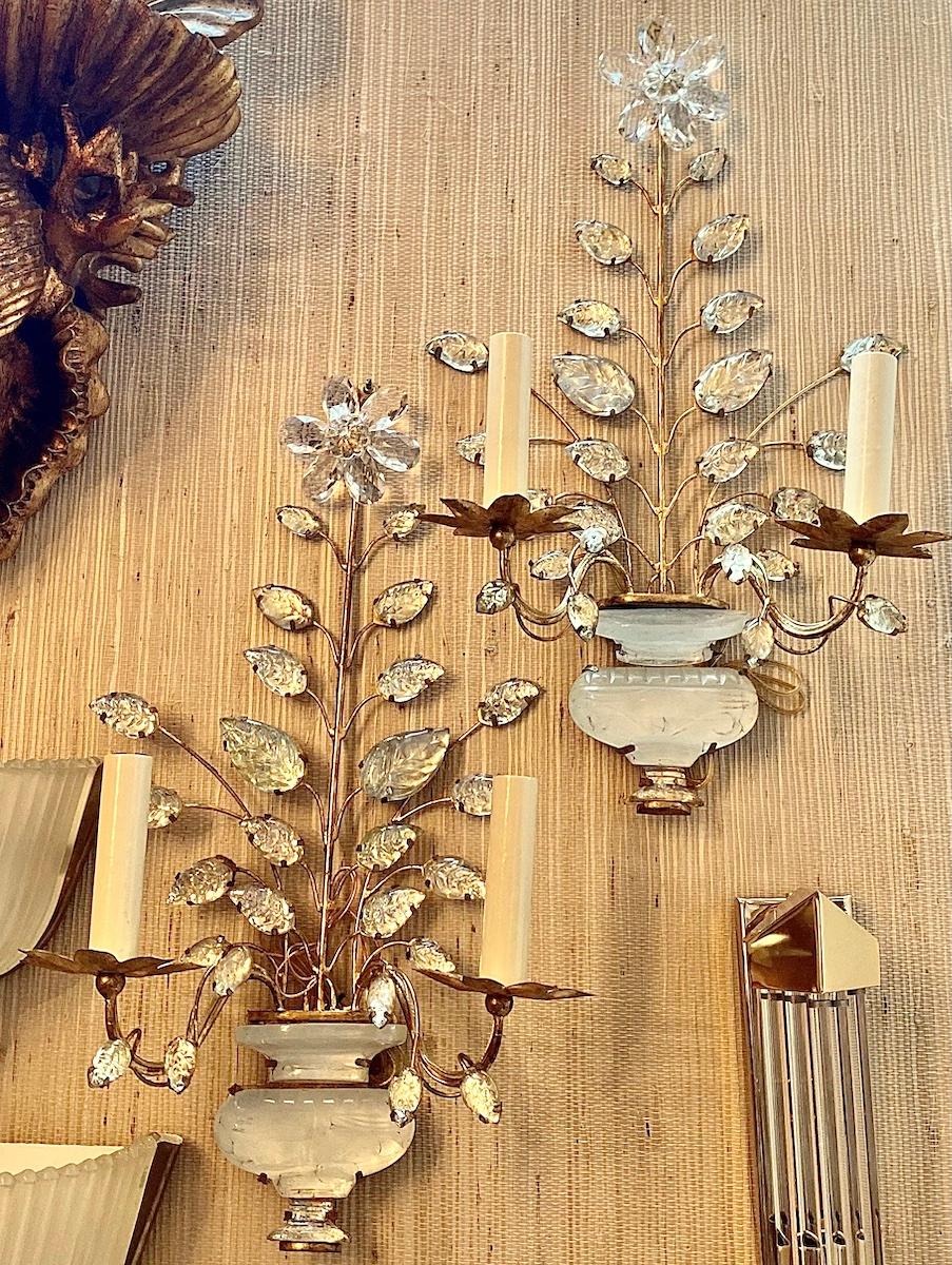 Gilt Metal Sconces with Crystal Flowers For Sale 3