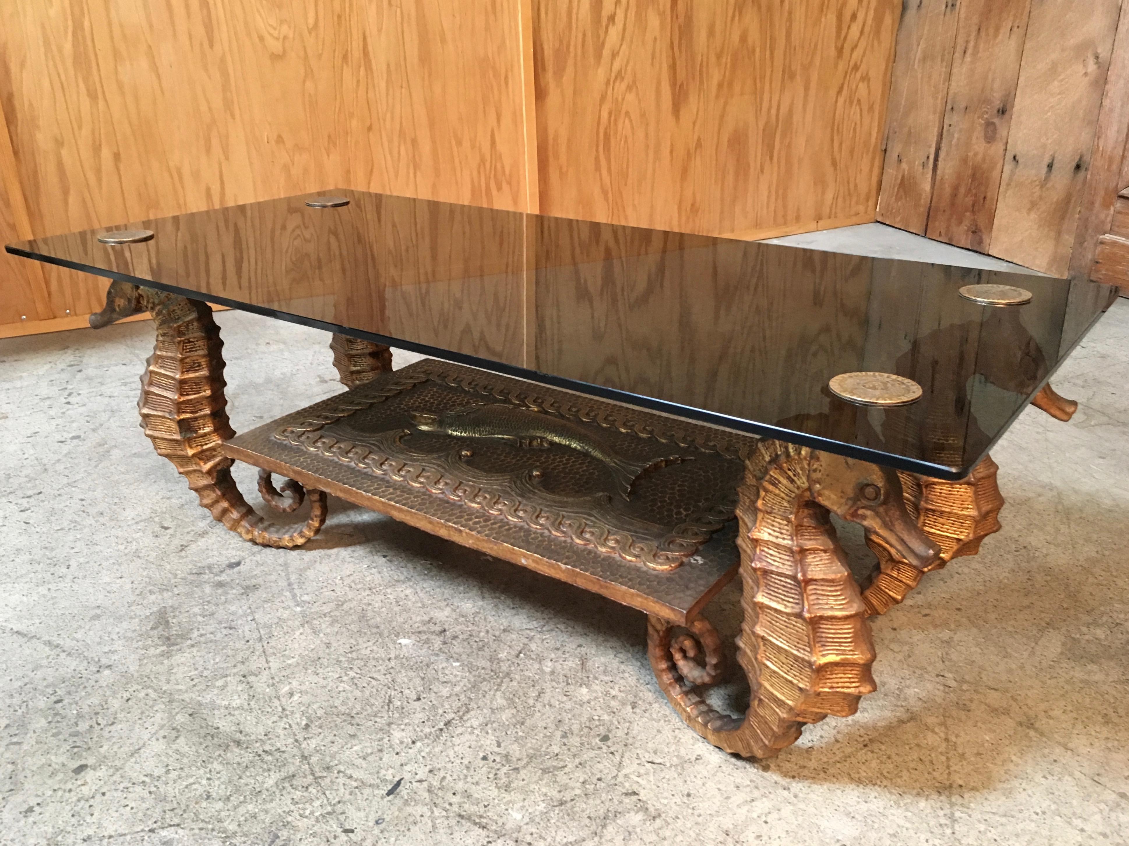 Gilt Metal Seahorse Coffee Table with Smoked Glass 4