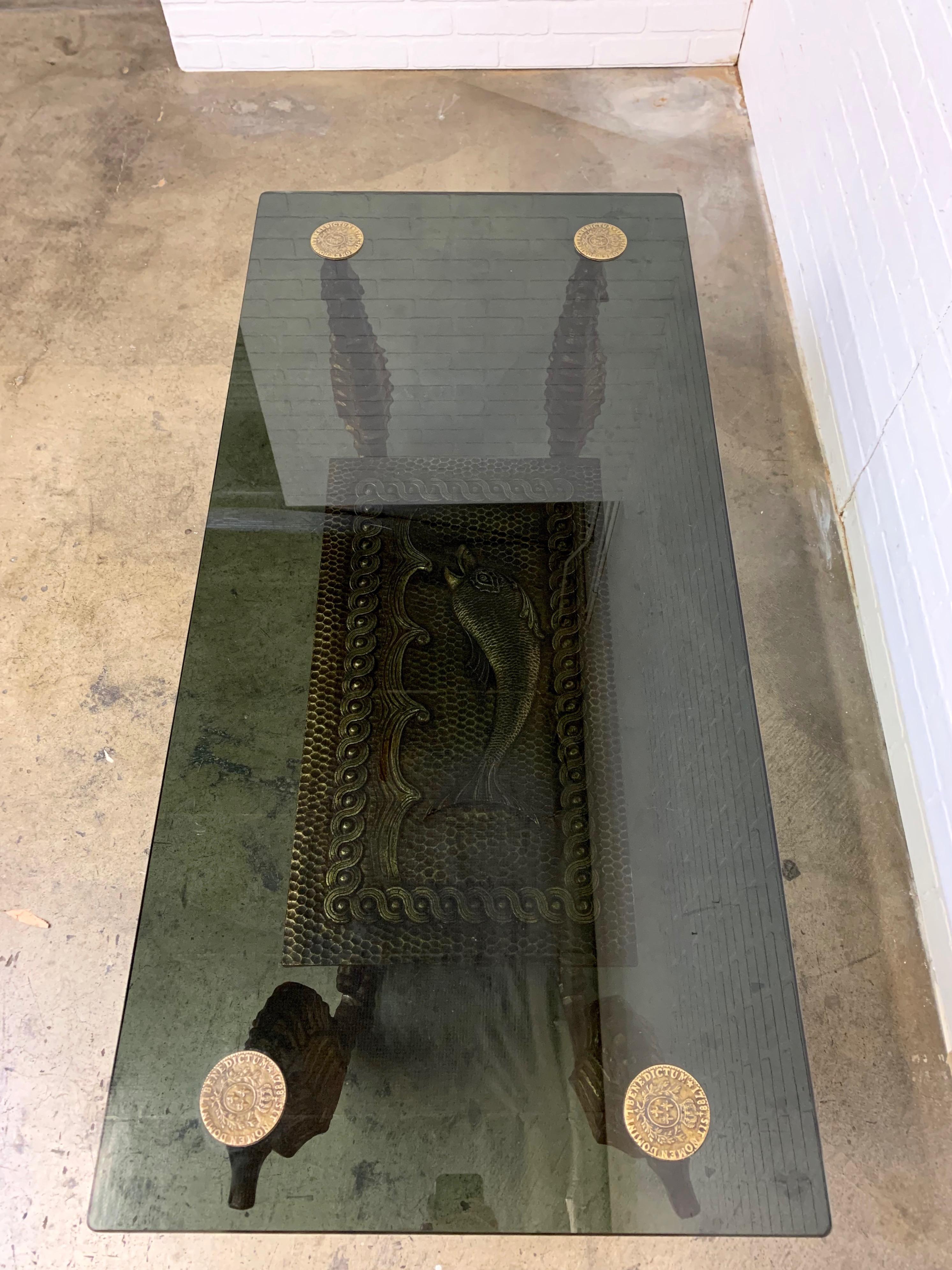 Mid-Century Modern Gilt Metal Seahorse Coffee Table with Smoked Glass