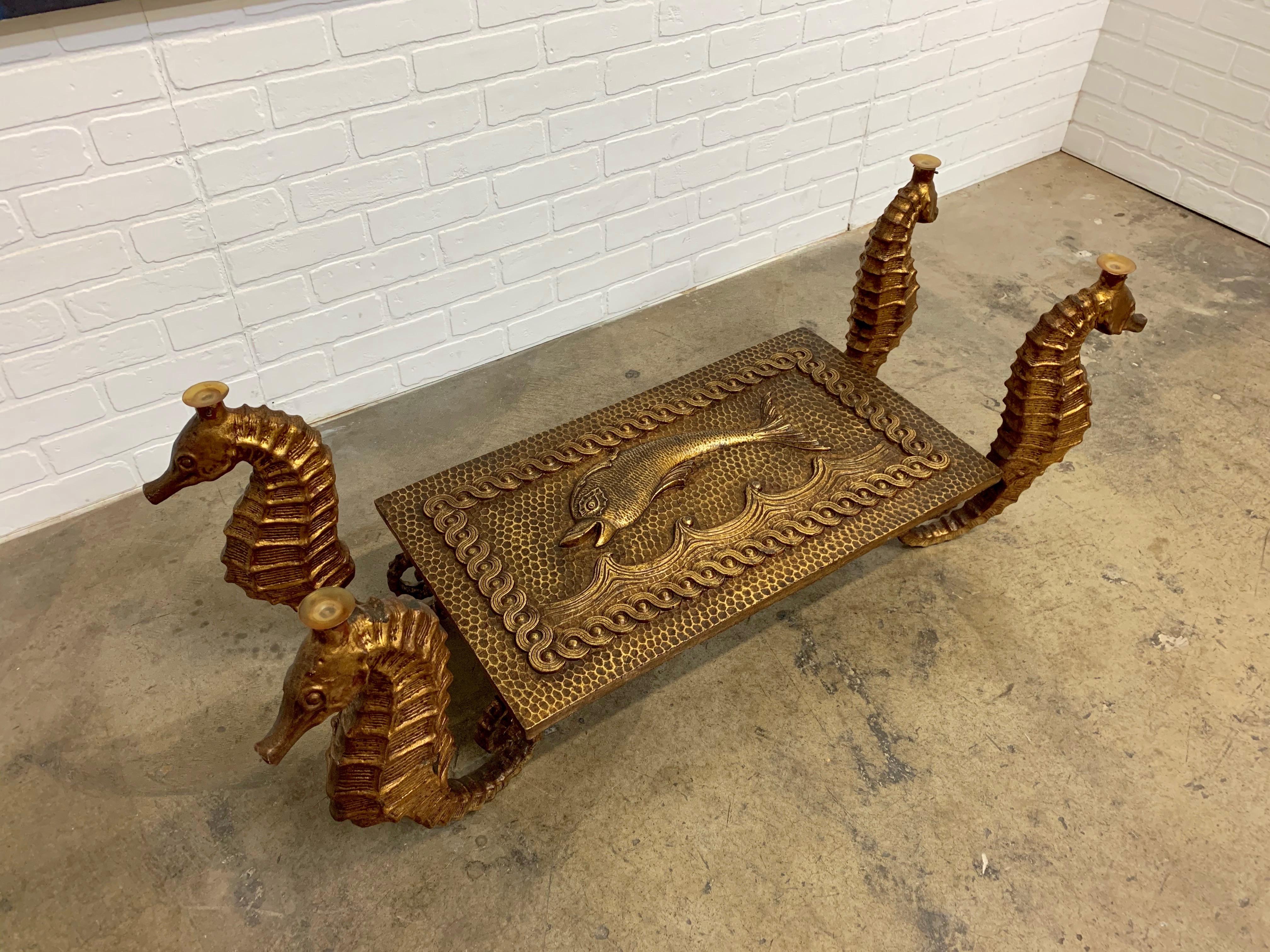French Gilt Metal Seahorse Coffee Table with Smoked Glass