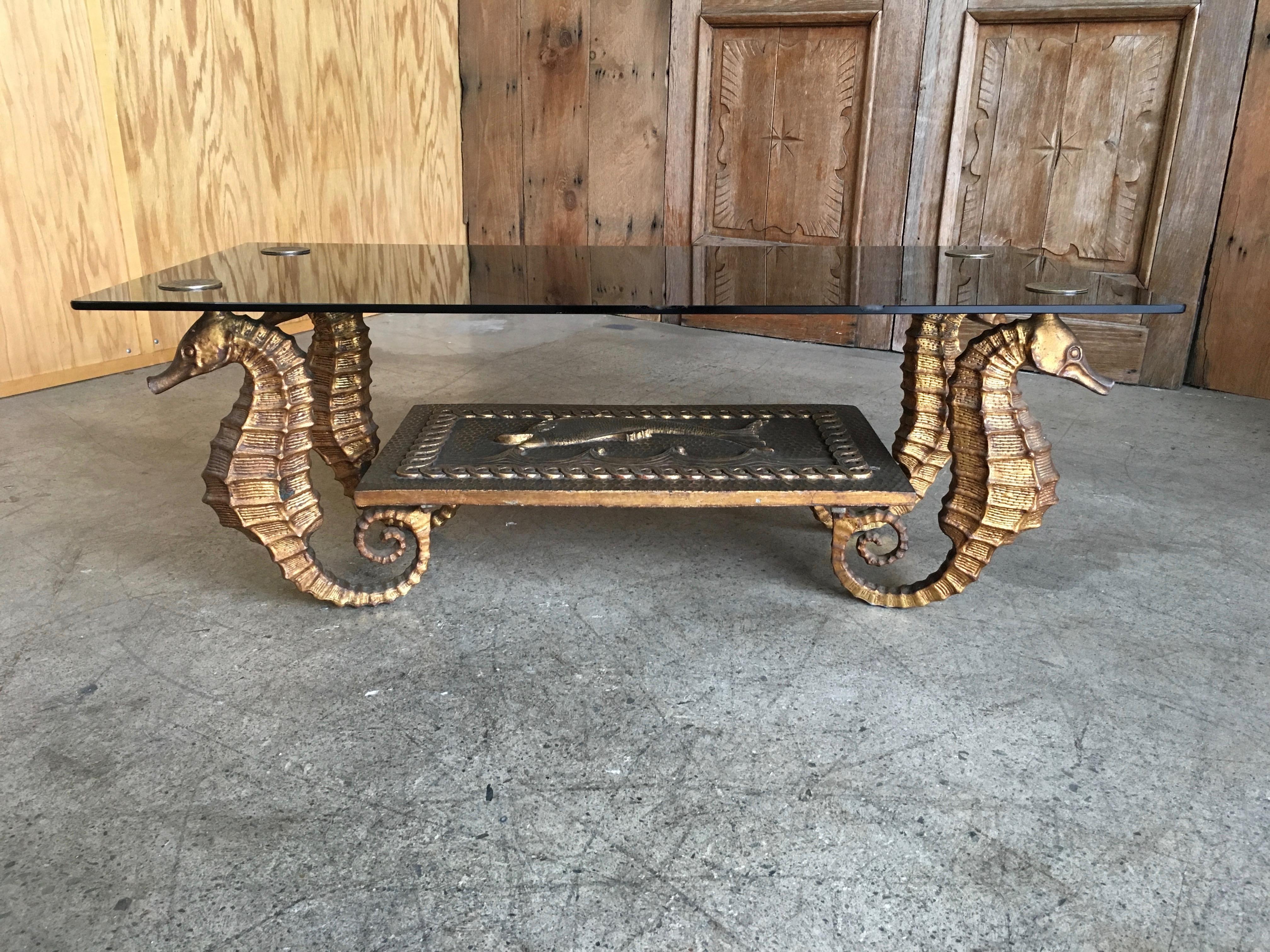 Cast Gilt Metal Seahorse Coffee Table with Smoked Glass