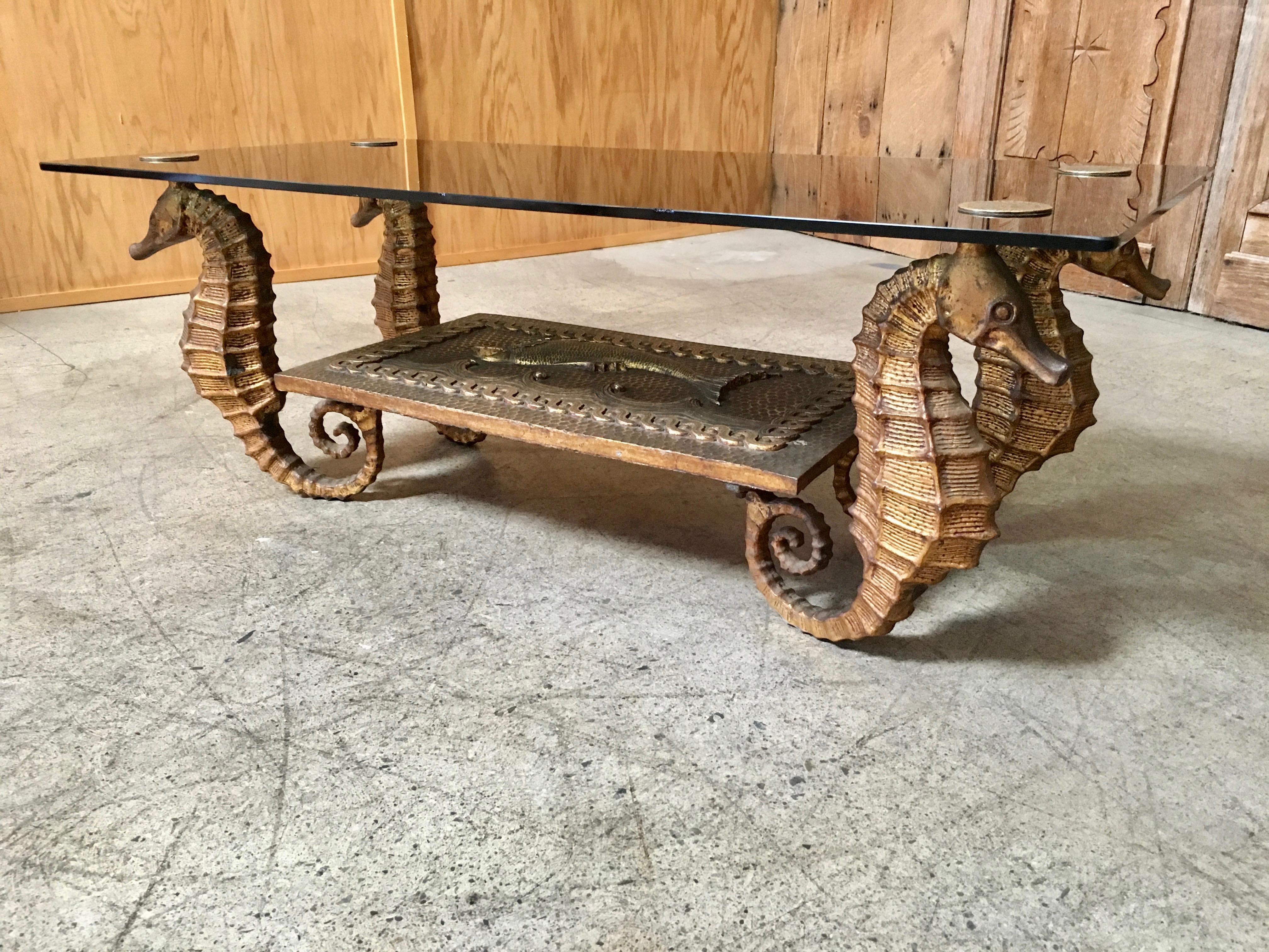 Gilt Metal Seahorse Coffee Table with Smoked Glass In Good Condition In Denton, TX