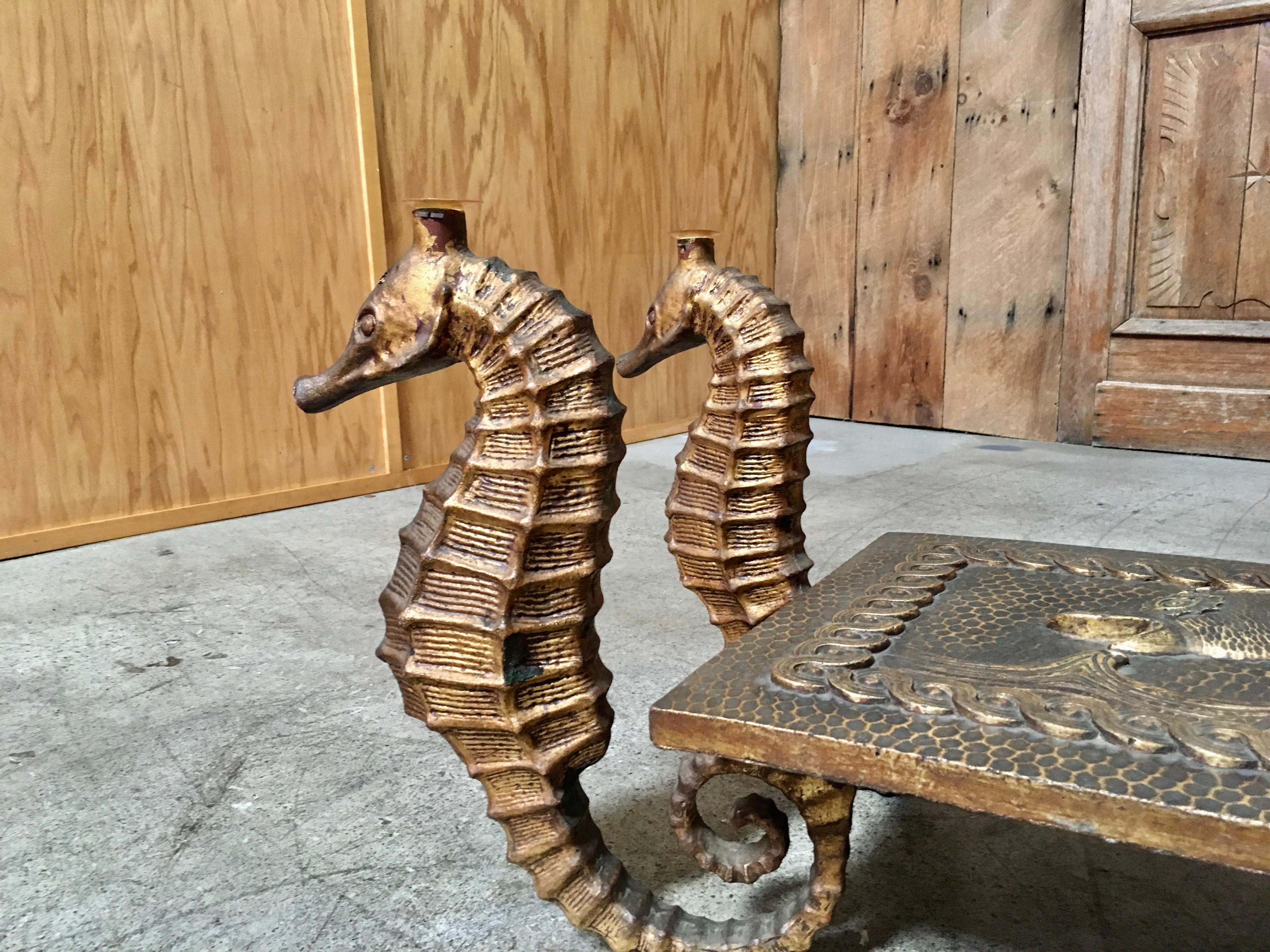 20th Century Gilt Metal Seahorse Coffee Table with Smoked Glass