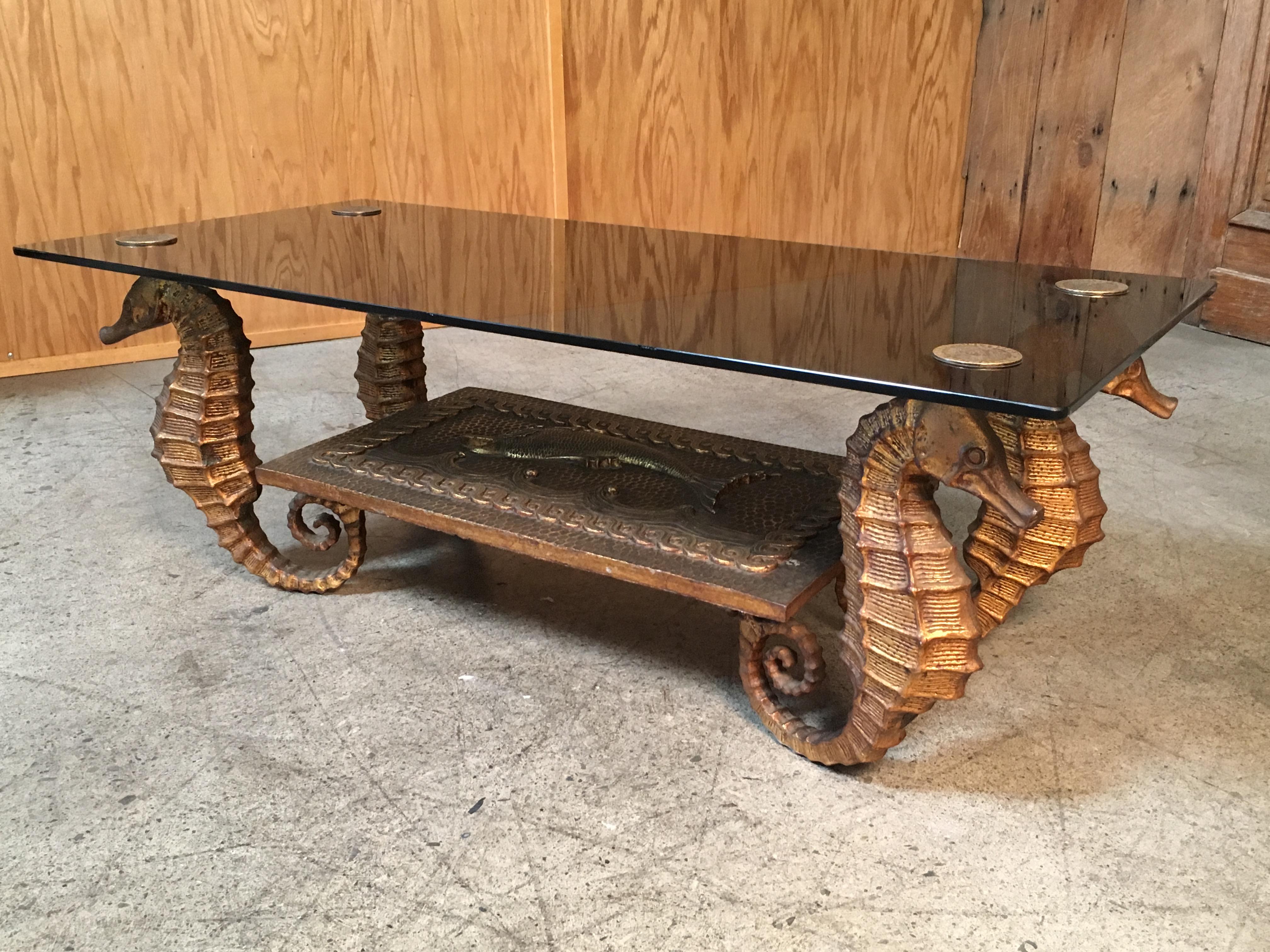 Gilt Metal Seahorse Coffee Table with Smoked Glass 1