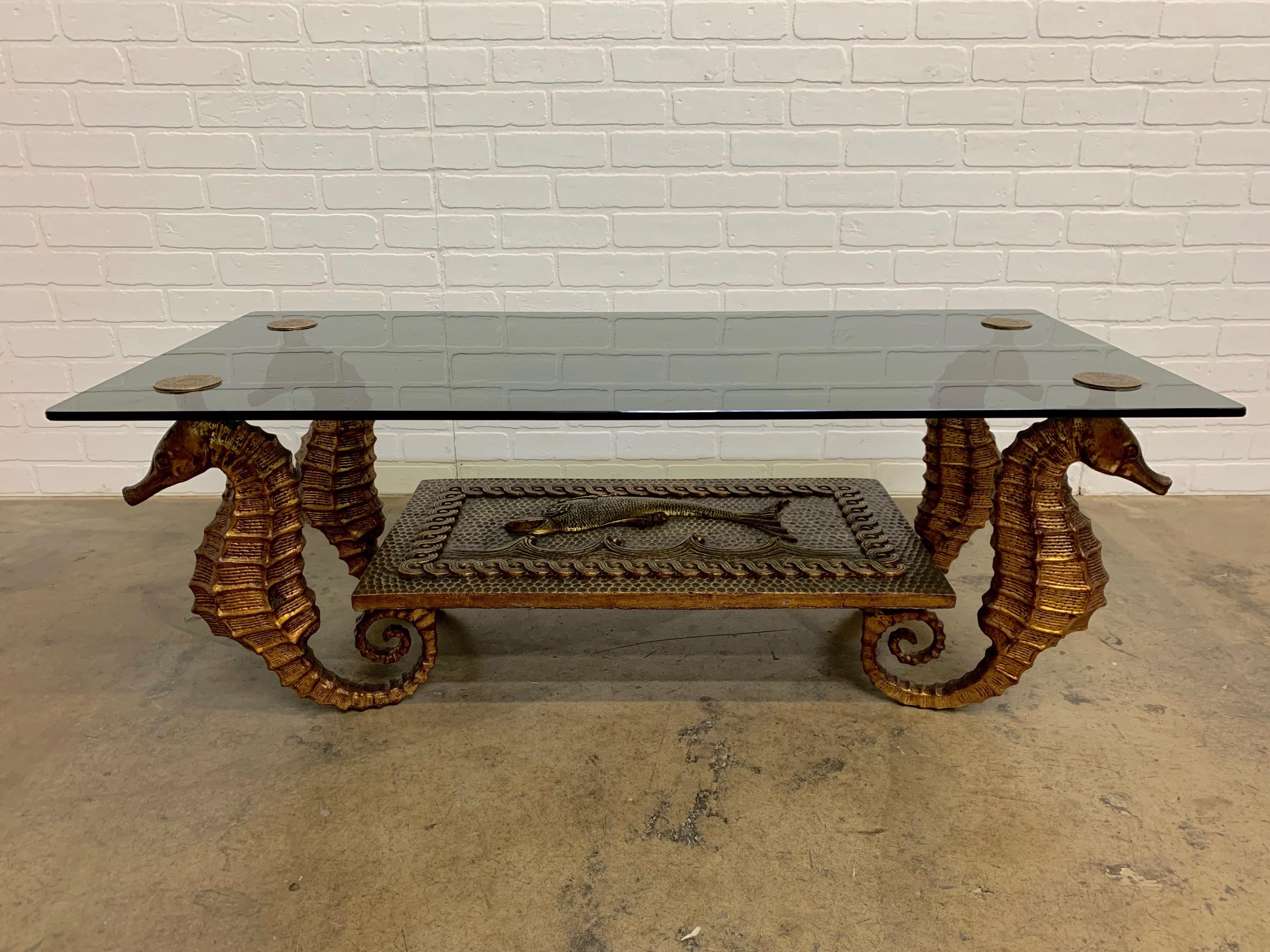 Brass Gilt Metal Seahorse Coffee Table with Smoked Glass