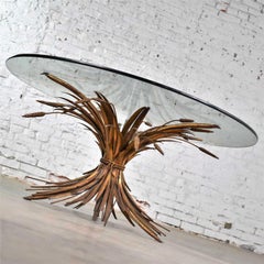 Gilt Metal Sheaf of Wheat Coffee Table with Glass Top Italian Hollywood Regency