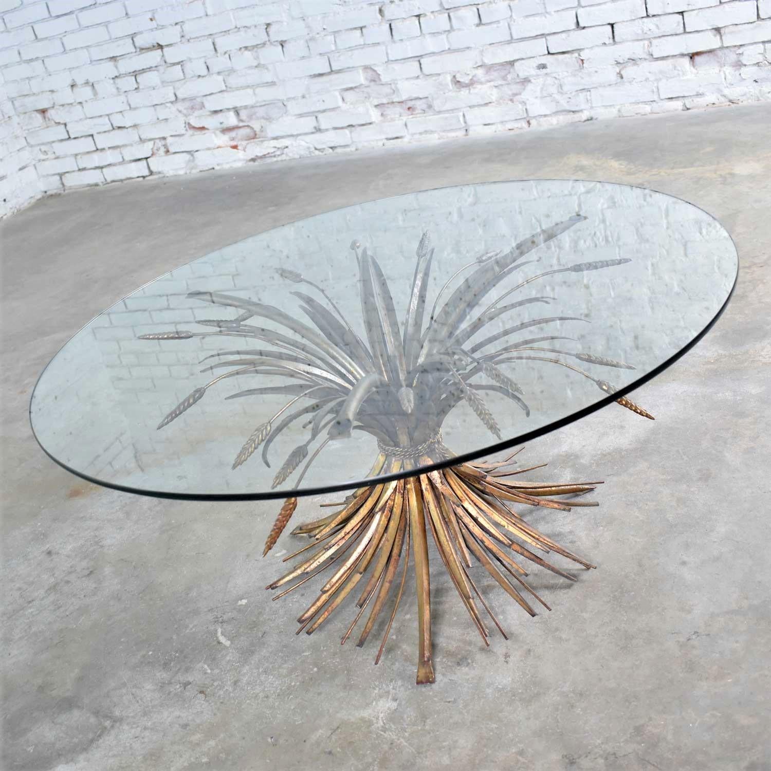 20th Century Gilt Metal Sheaf of Wheat Coffee Table with Glass Top Italian Hollywood Regency