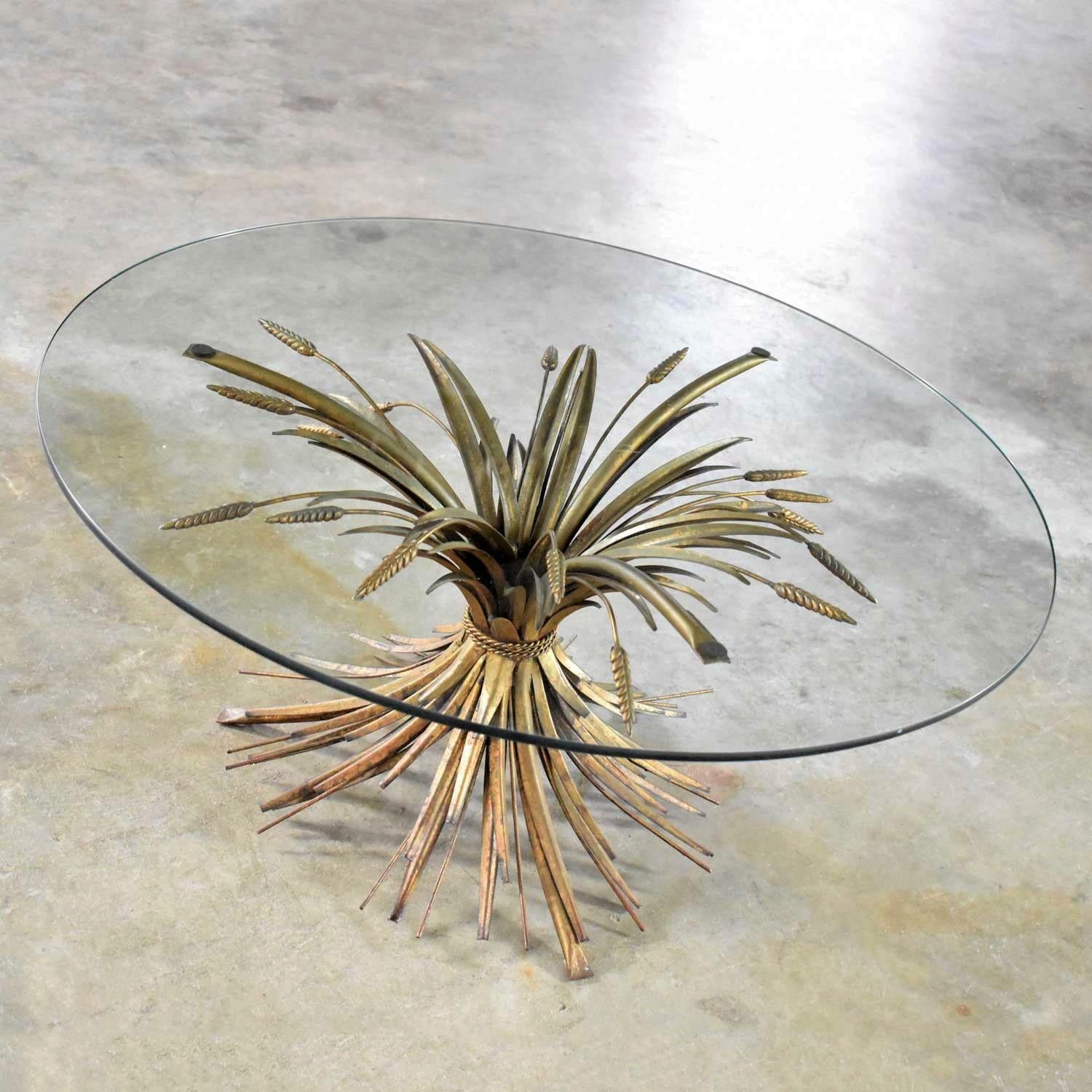 Gilt Metal Sheaf of Wheat Coffee Table with Glass Top Italian Hollywood Regency 1