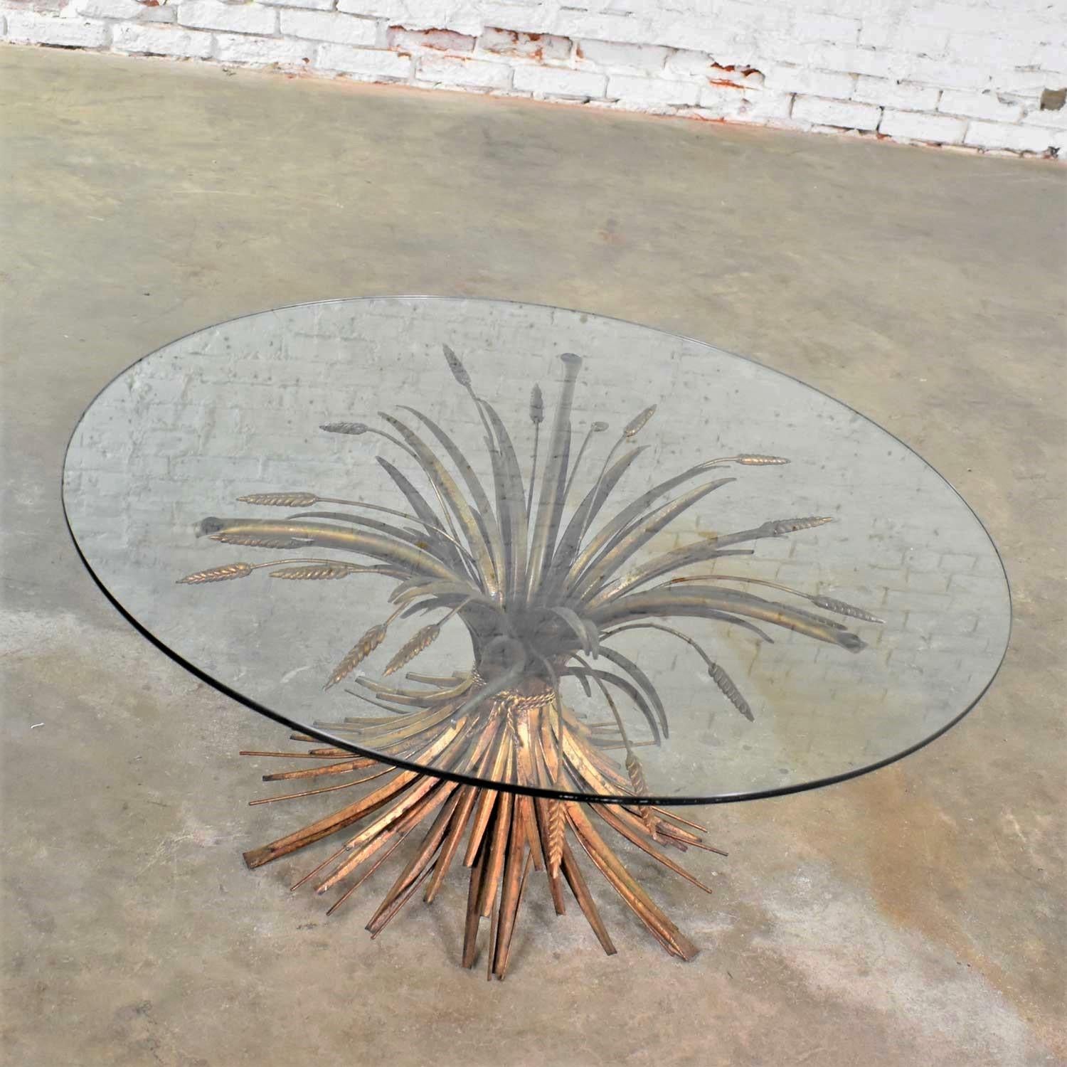 Gilt Metal Sheaf of Wheat Coffee Table with Glass Top Italian Hollywood Regency 3