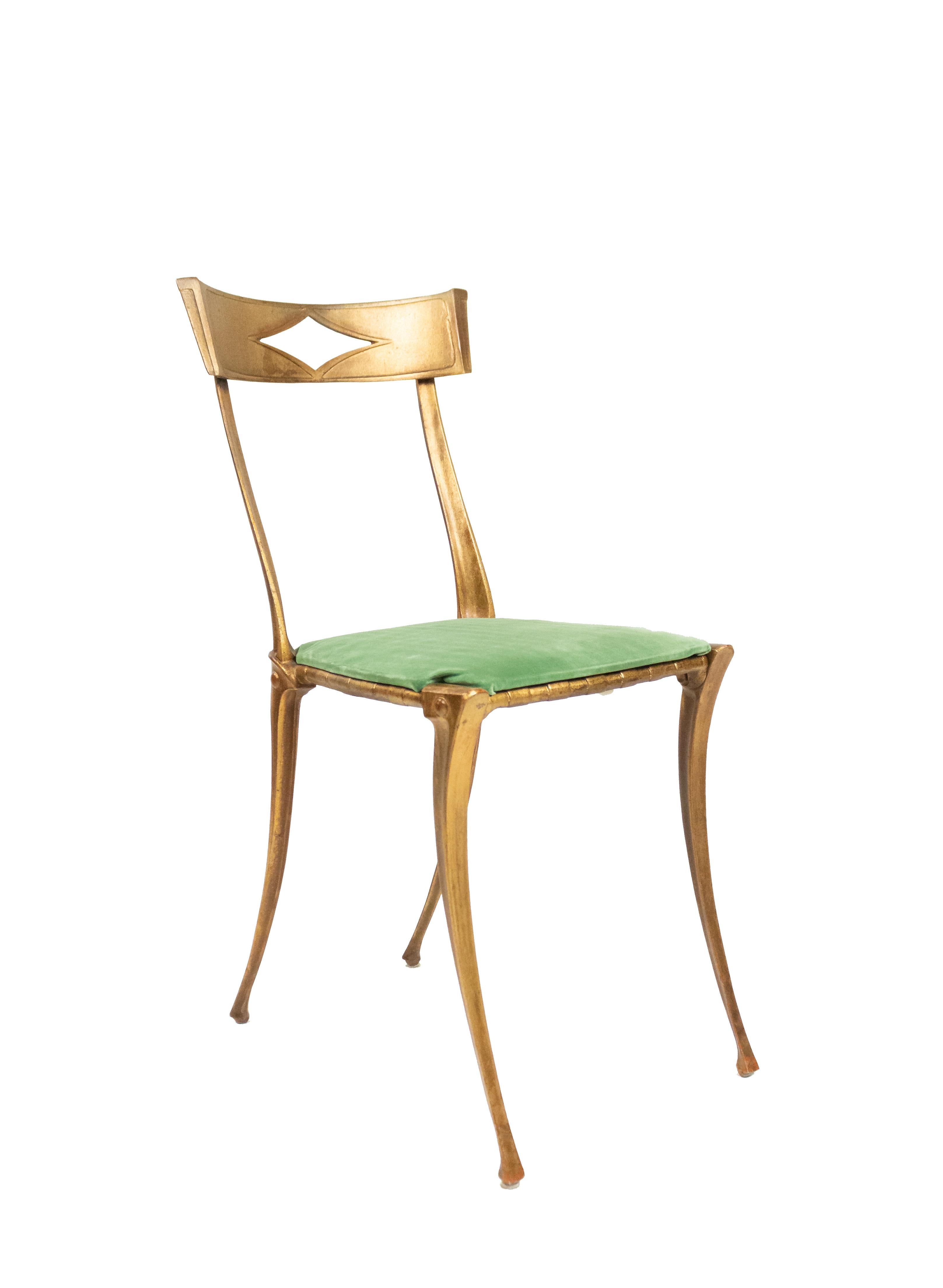 American Gilt Metal Side Chair with Green Velvet Upholstery For Sale