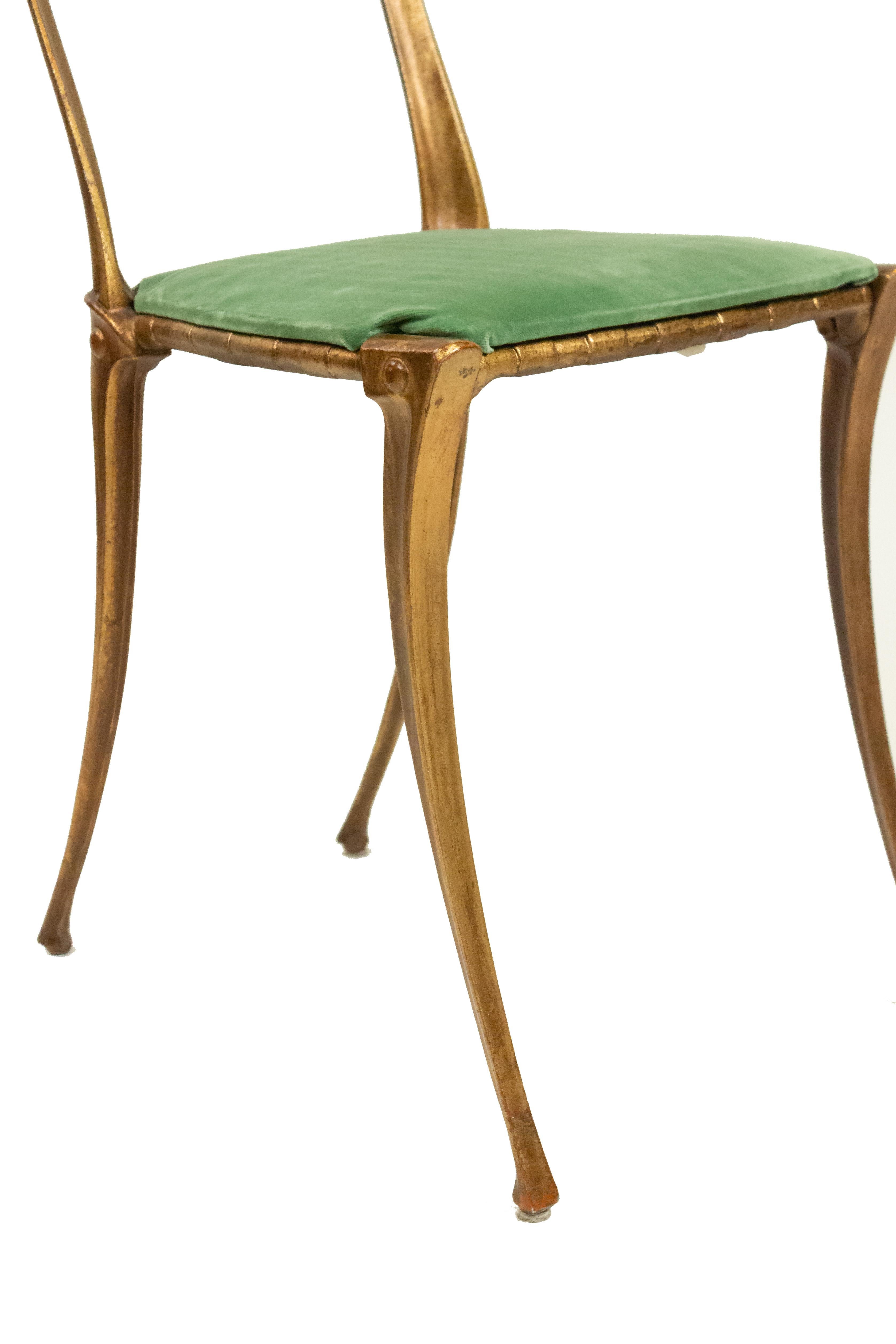 Gilt Metal Side Chair with Green Velvet Upholstery In Good Condition For Sale In New York, NY
