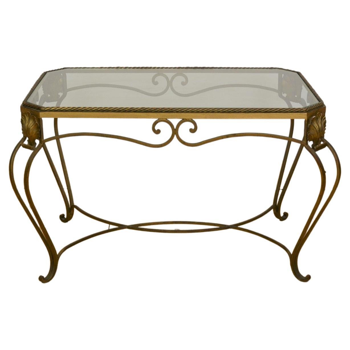 Table d'appoint en métal doré, table basse avec cordes et coquillages