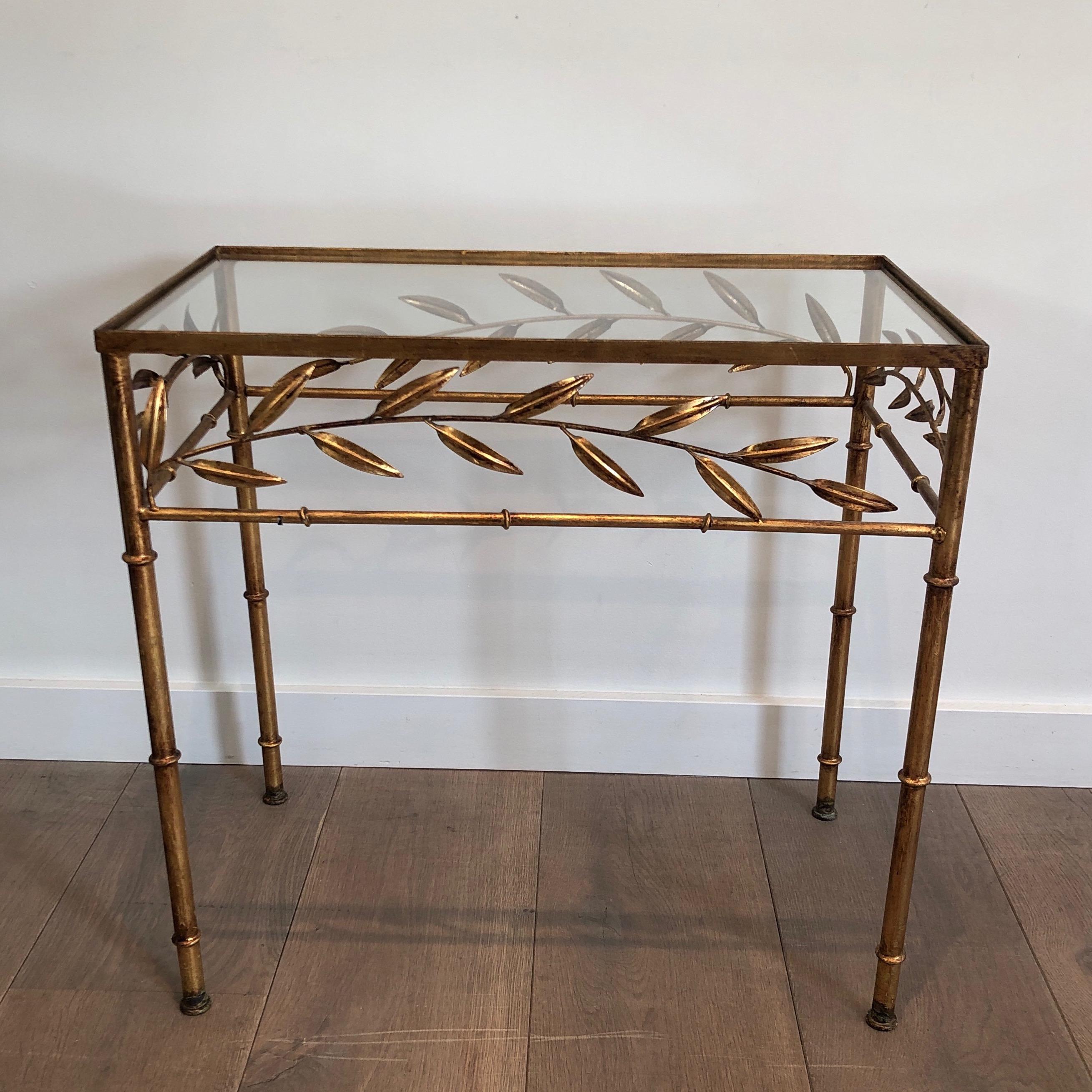 Mid-Century Modern Gilt Metal Small Table with Leaves and Faux-Bamboo Feet
