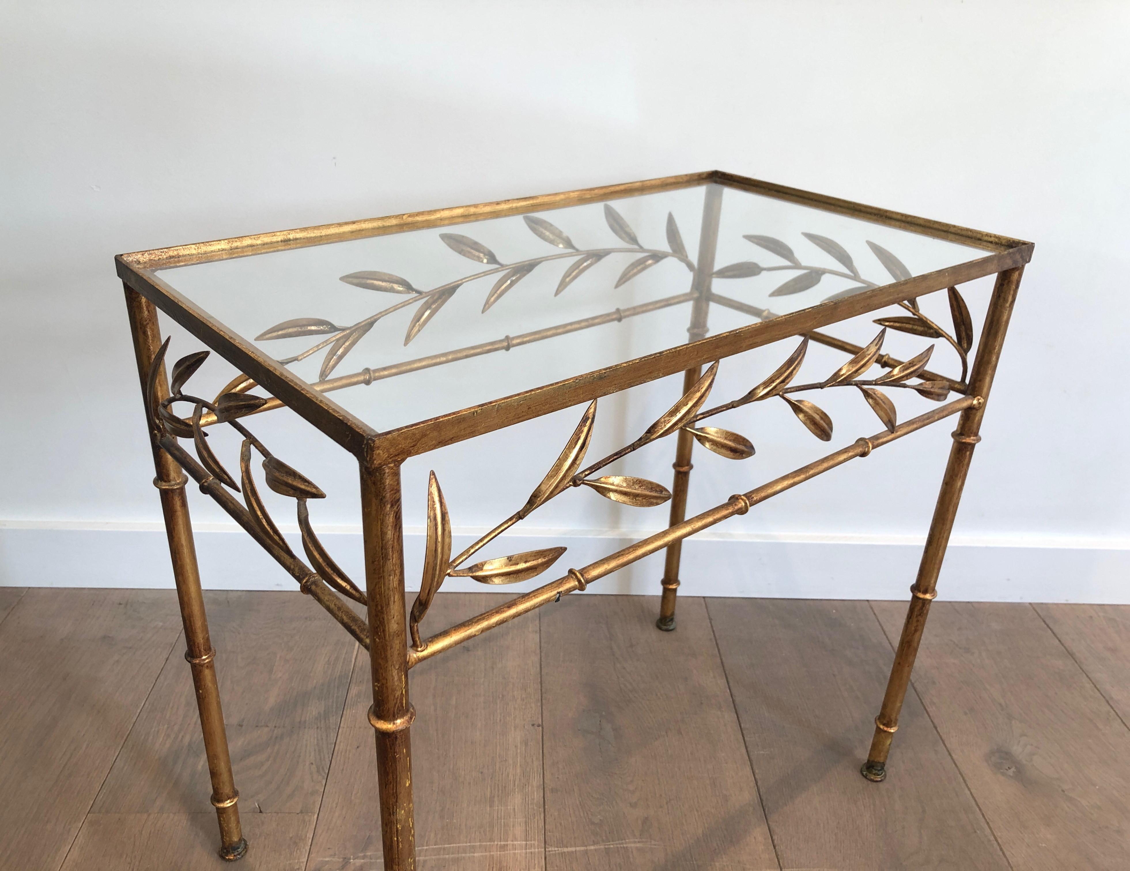French Gilt Metal Small Table with Leaves and Faux-Bamboo Feet
