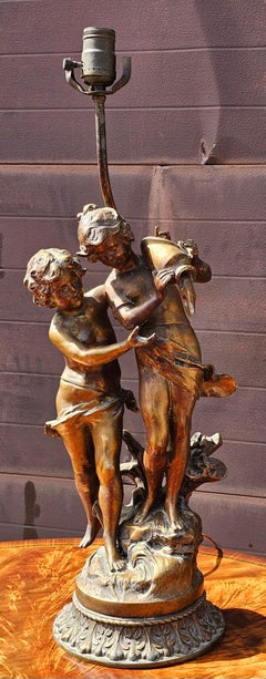 Gilt Metal Spelter Figural Sculpture of Two Children Table Lamp, Circa 1880s