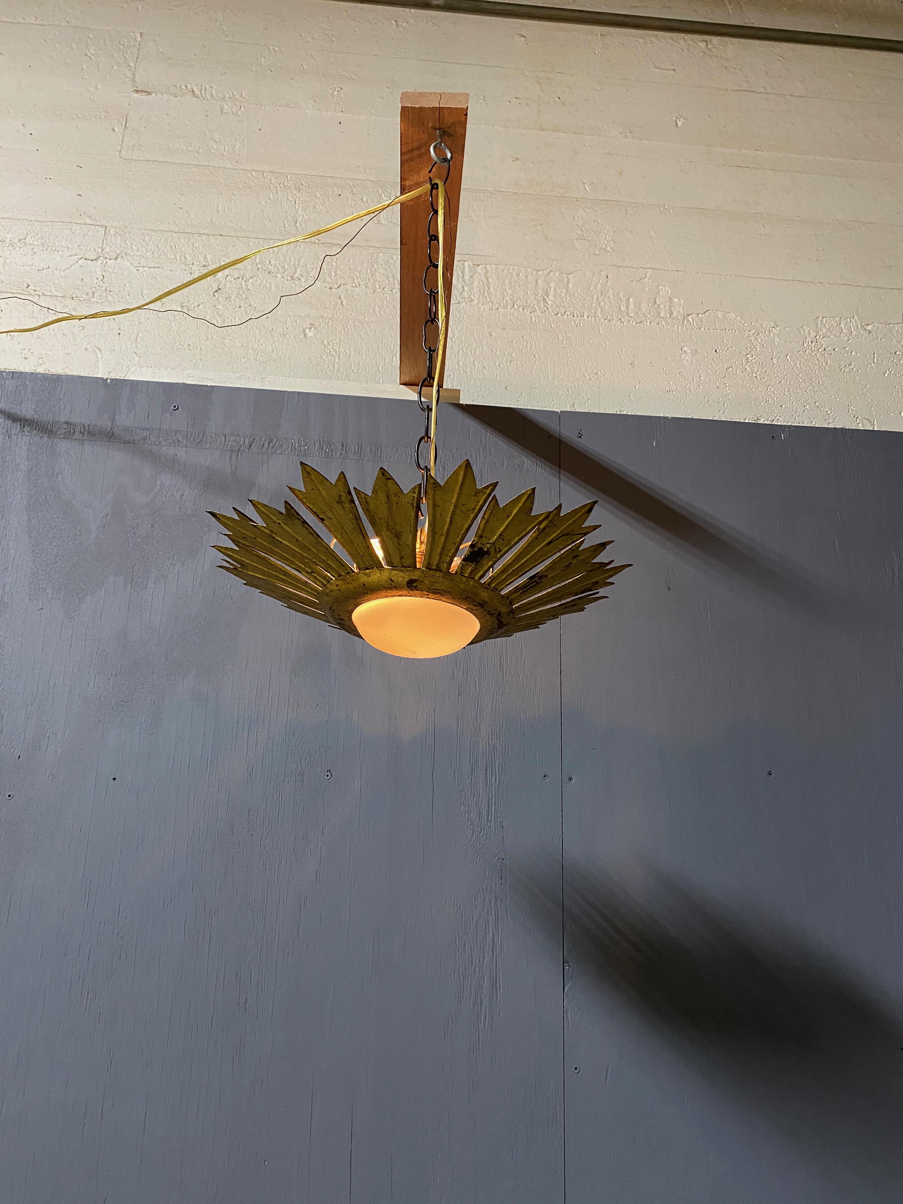 Gilt Metal Sunburst Ceiling Fixture with Convex Opaline Globe For Sale 3