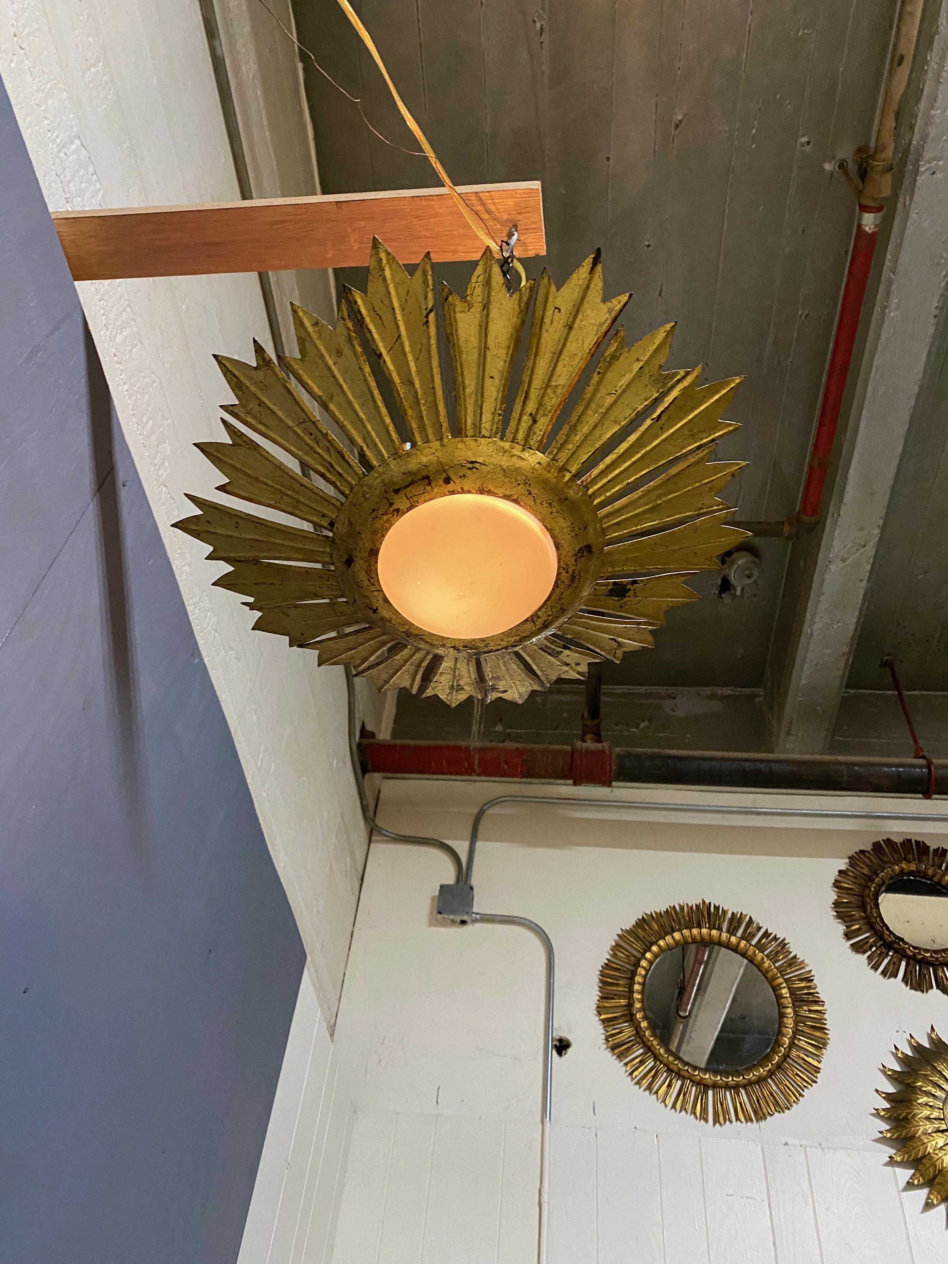 Gilt Metal Sunburst Ceiling Fixture with Convex Opaline Globe For Sale 5