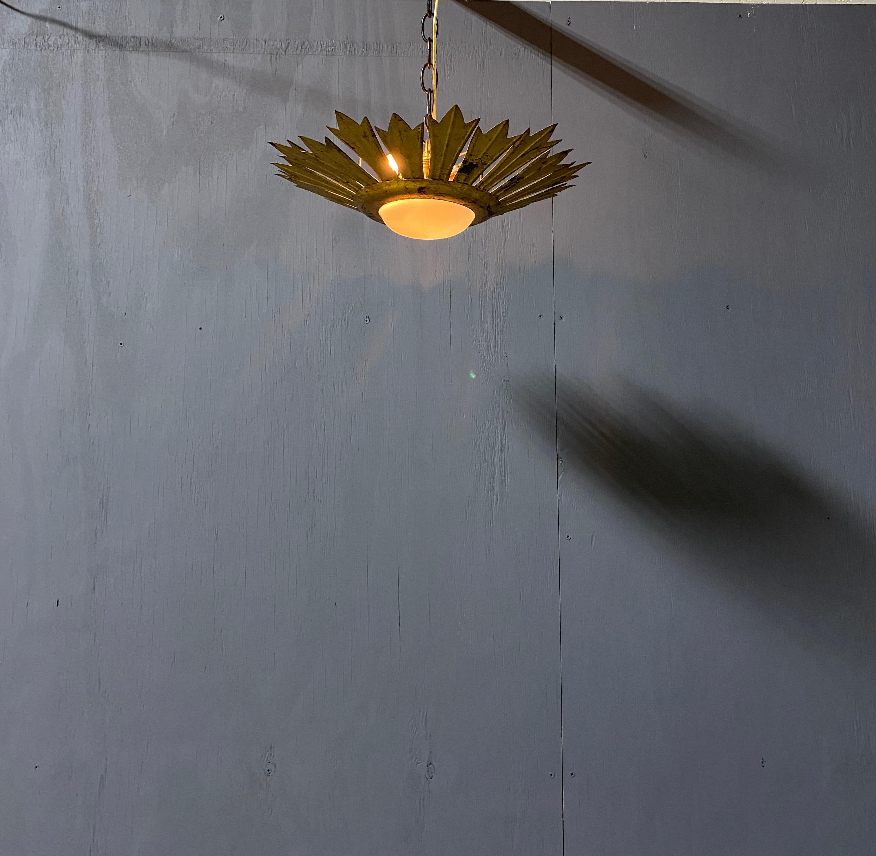 Gilt Metal Sunburst Ceiling Fixture with Convex Opaline Globe In Good Condition For Sale In Buchanan, NY