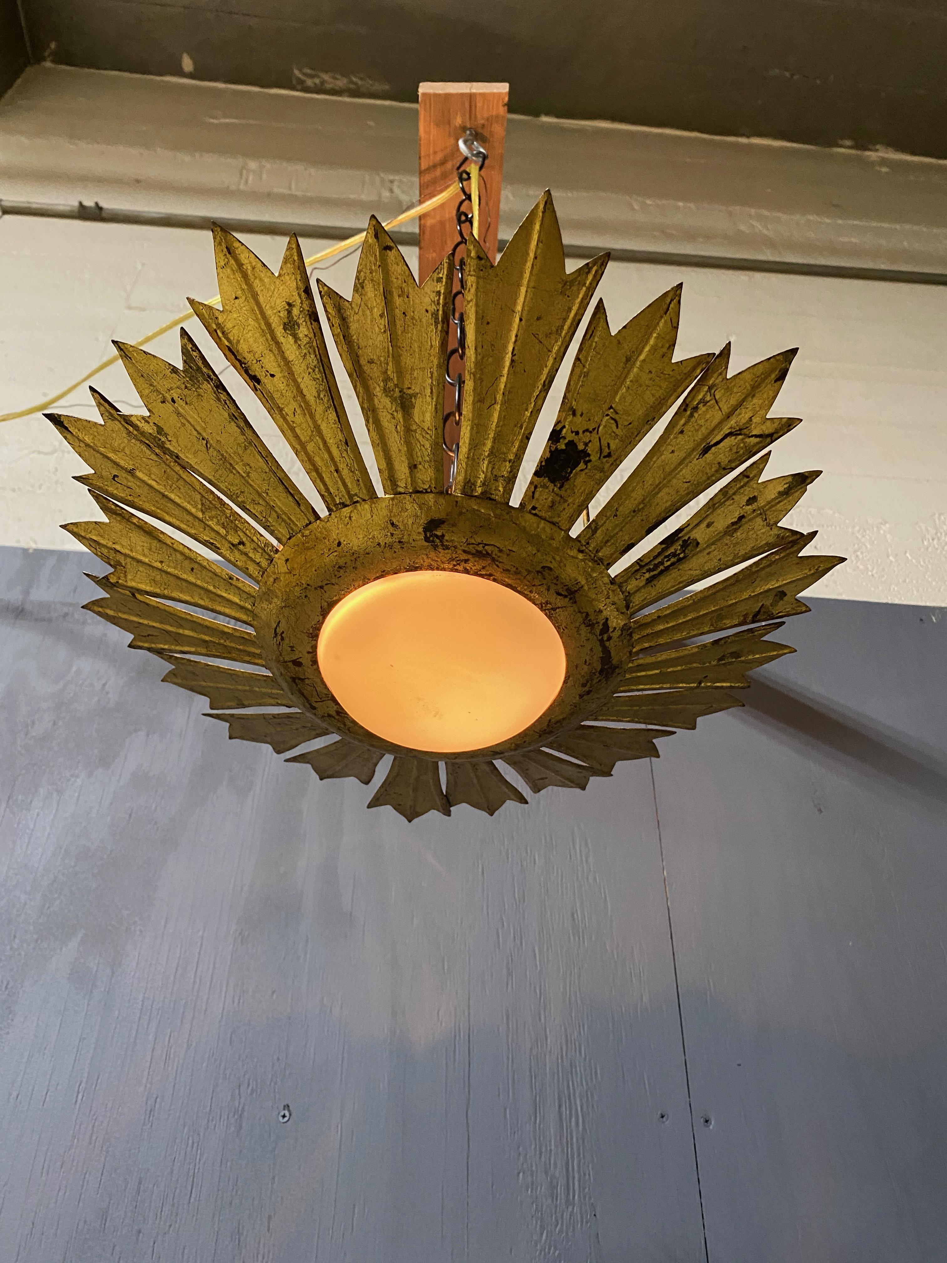 Mid-20th Century Gilt Metal Sunburst Ceiling Fixture with Convex Opaline Globe For Sale