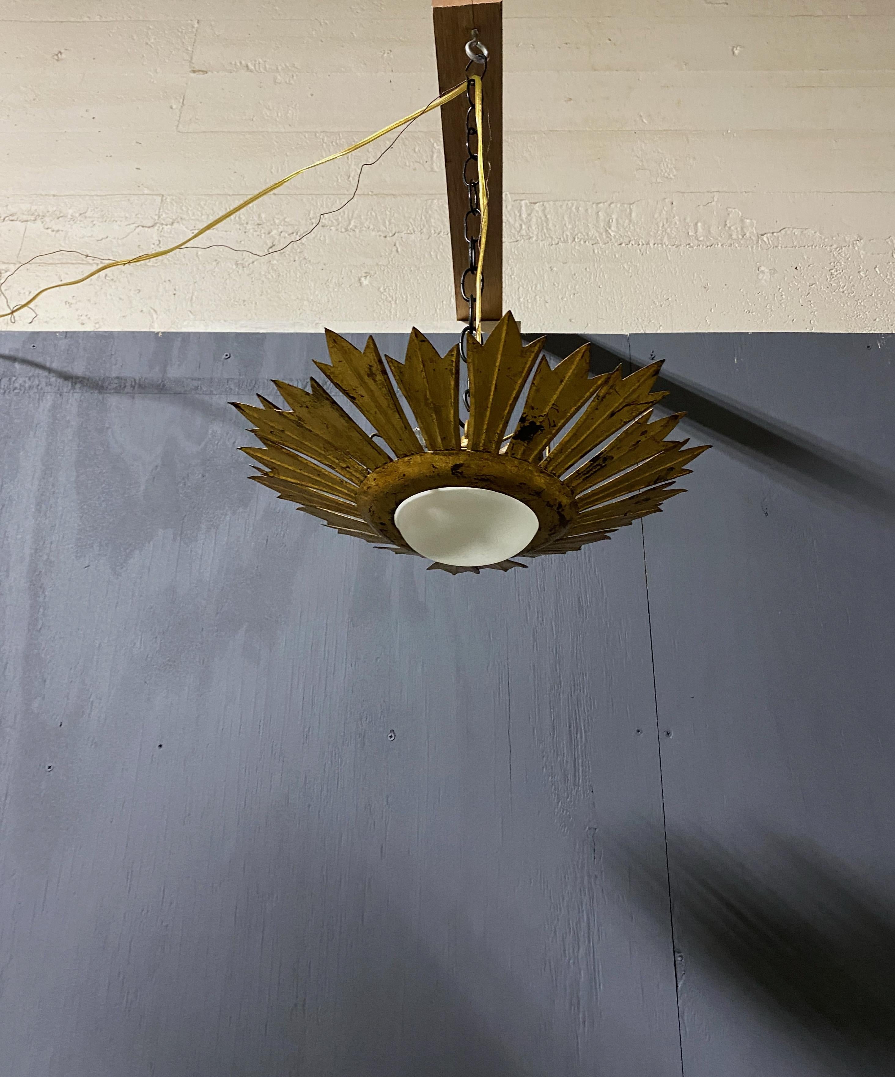 Gilt Metal Sunburst Ceiling Fixture with Convex Opaline Globe For Sale 2