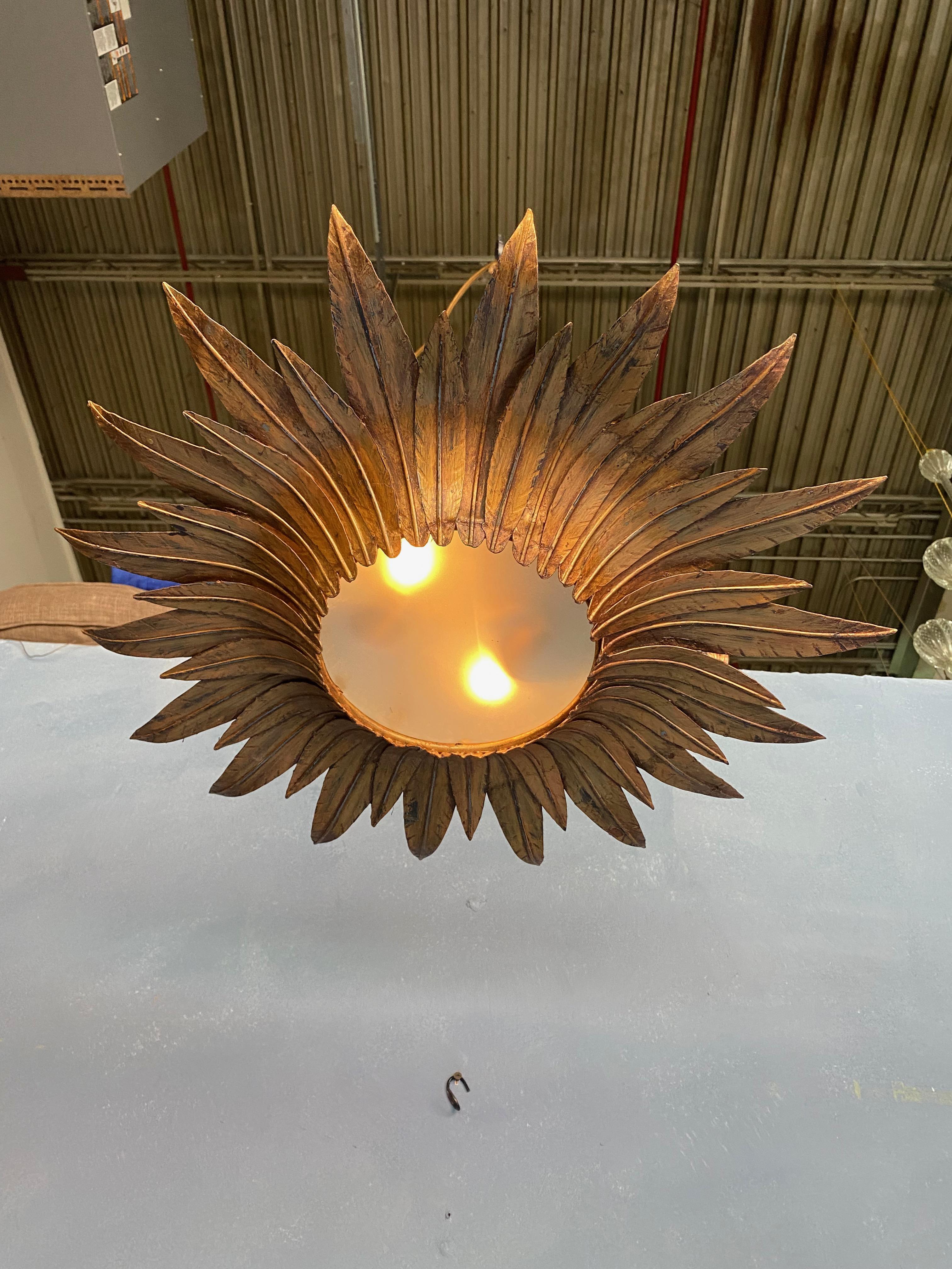Art Deco Gilt Metal Sunburst Ceiling Fixture with Double Tiered Rays