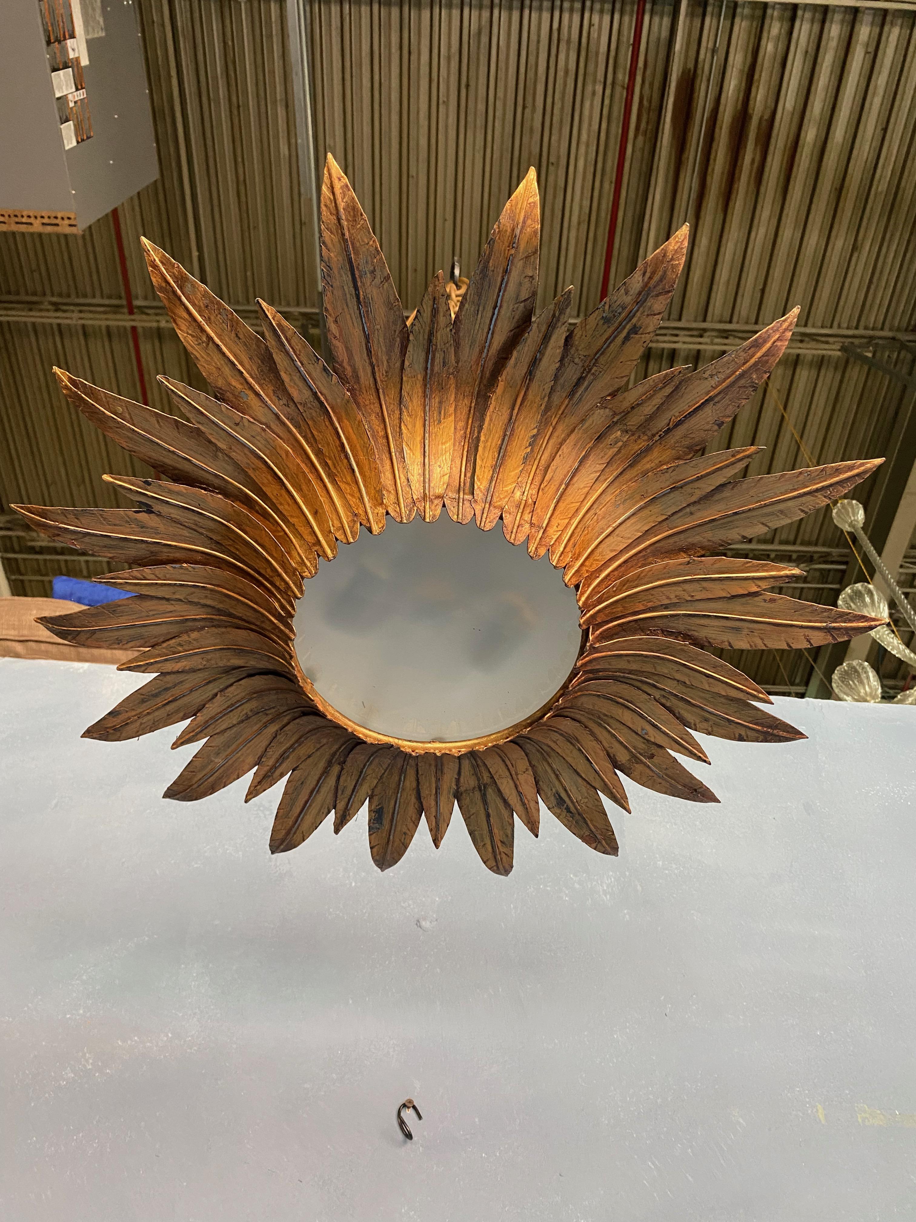 Spanish Gilt Metal Sunburst Ceiling Fixture with Double Tiered Rays