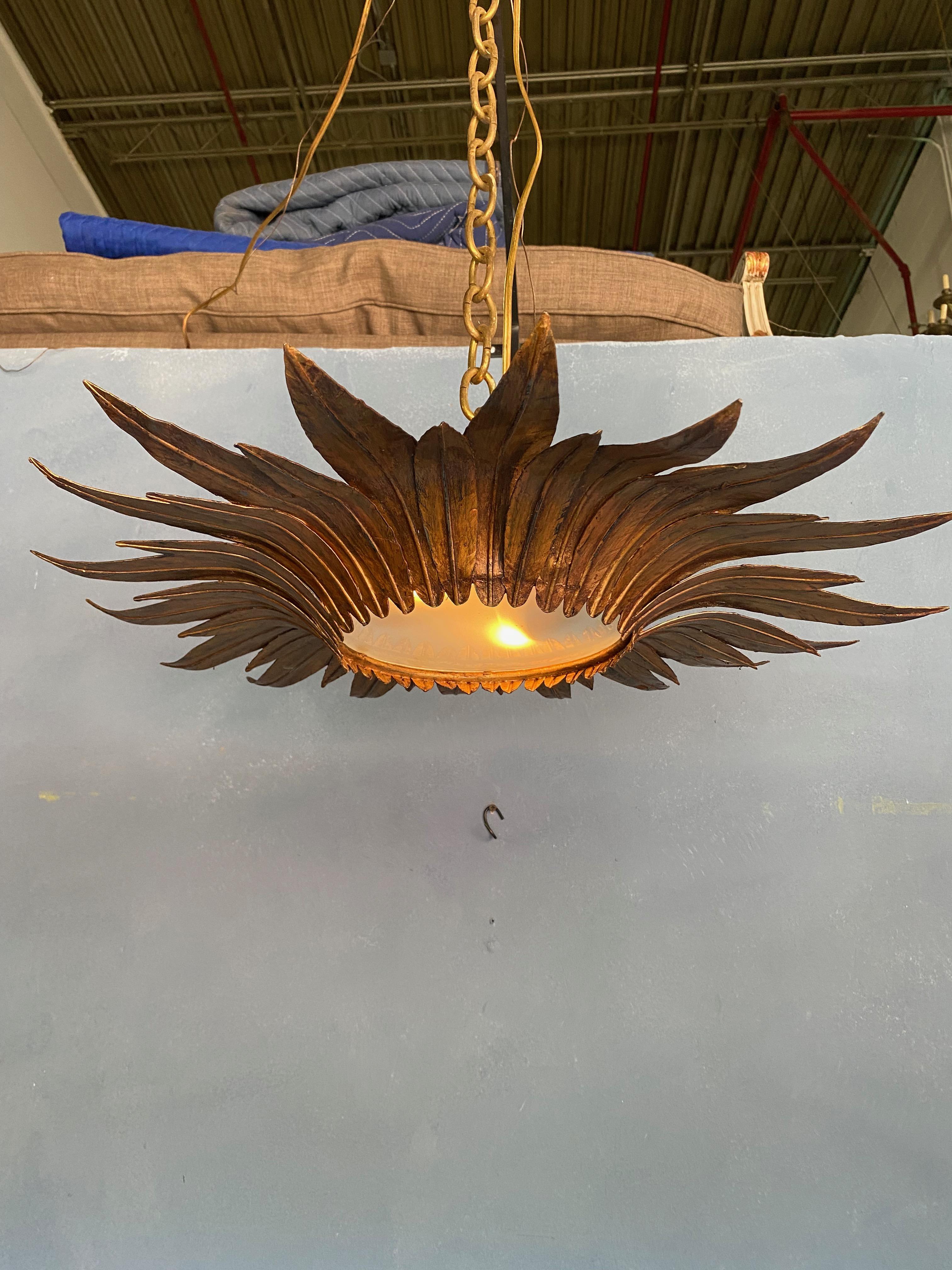 Gilt Metal Sunburst Ceiling Fixture with Double Tiered Rays In Good Condition In Buchanan, NY