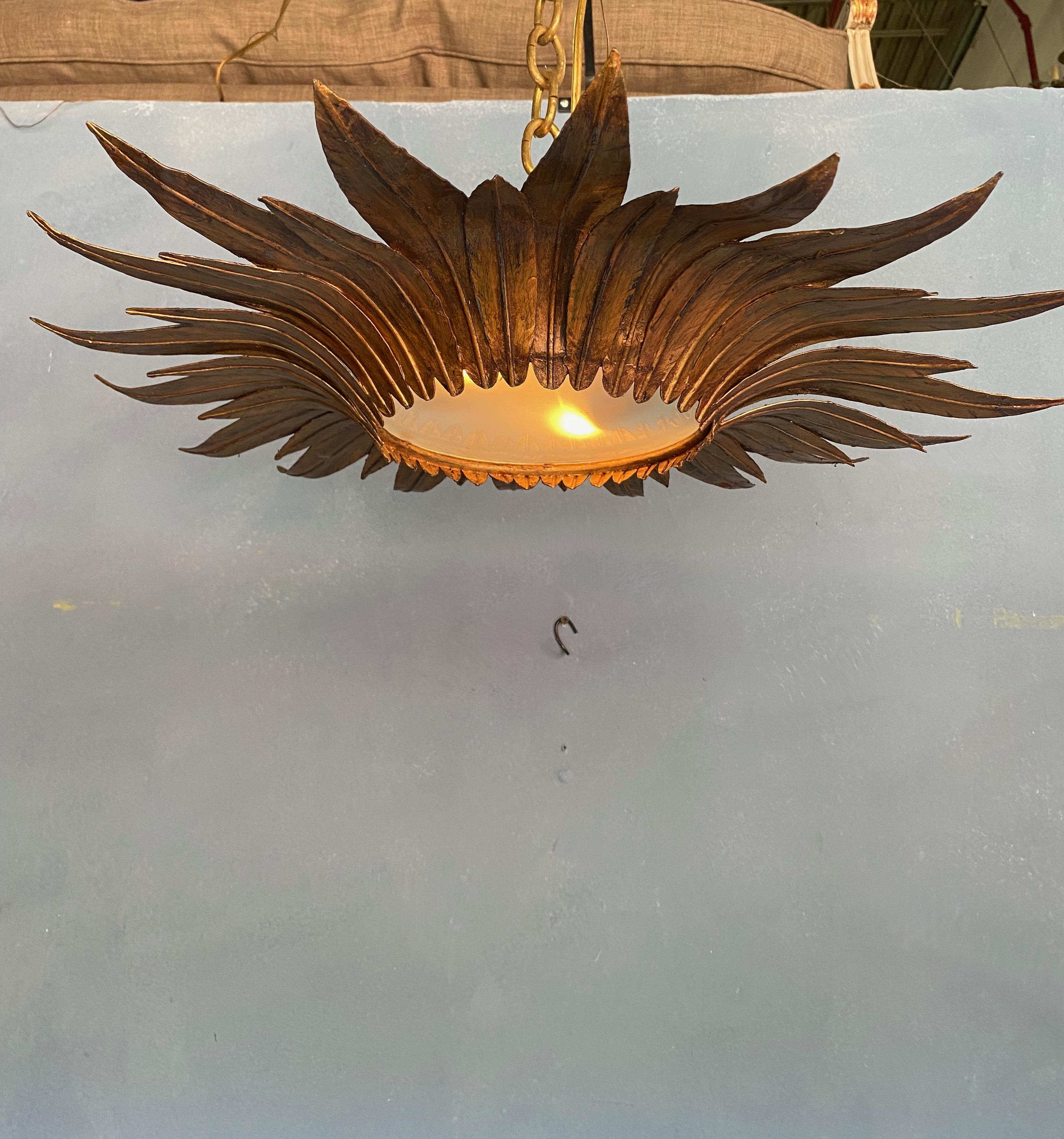 Mid-20th Century Gilt Metal Sunburst Ceiling Fixture with Double Tiered Rays