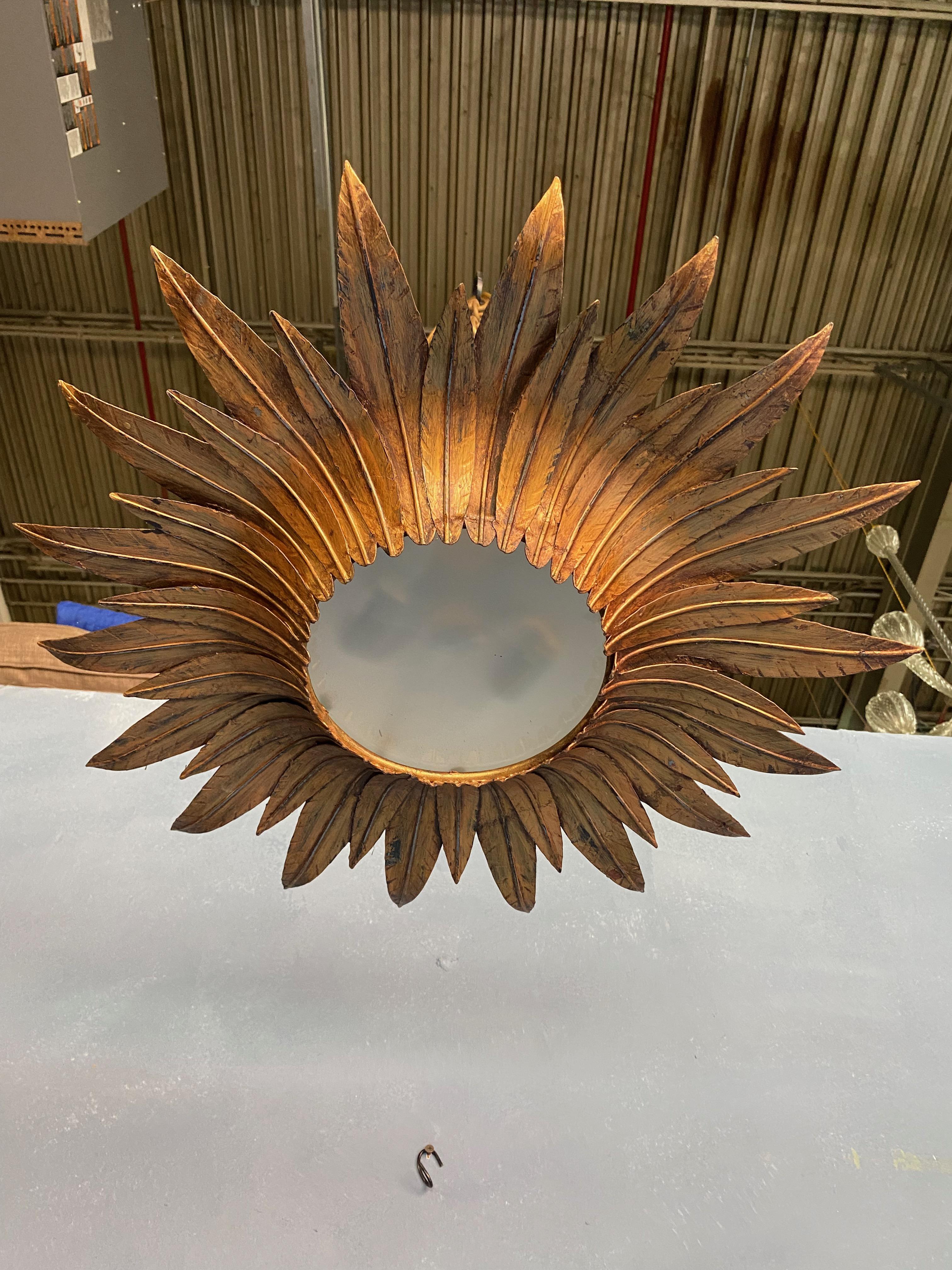 Gilt Metal Sunburst Ceiling Fixture with Double Tiered Rays 2