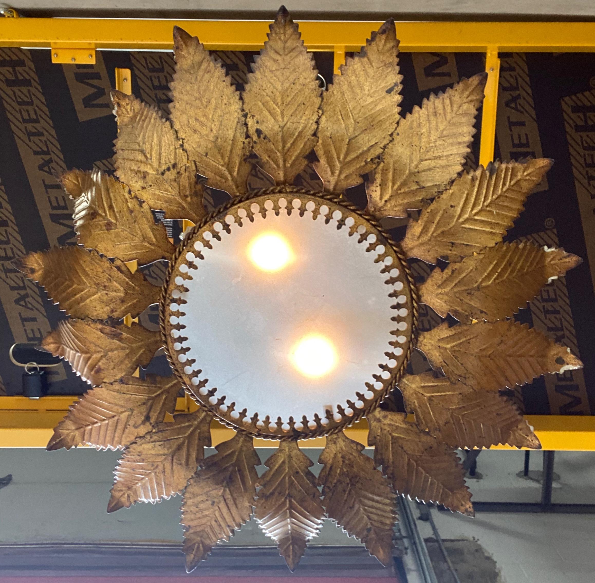 Gilt Metal Sunburst Ceiling Fixture with Feathered Rays For Sale 2
