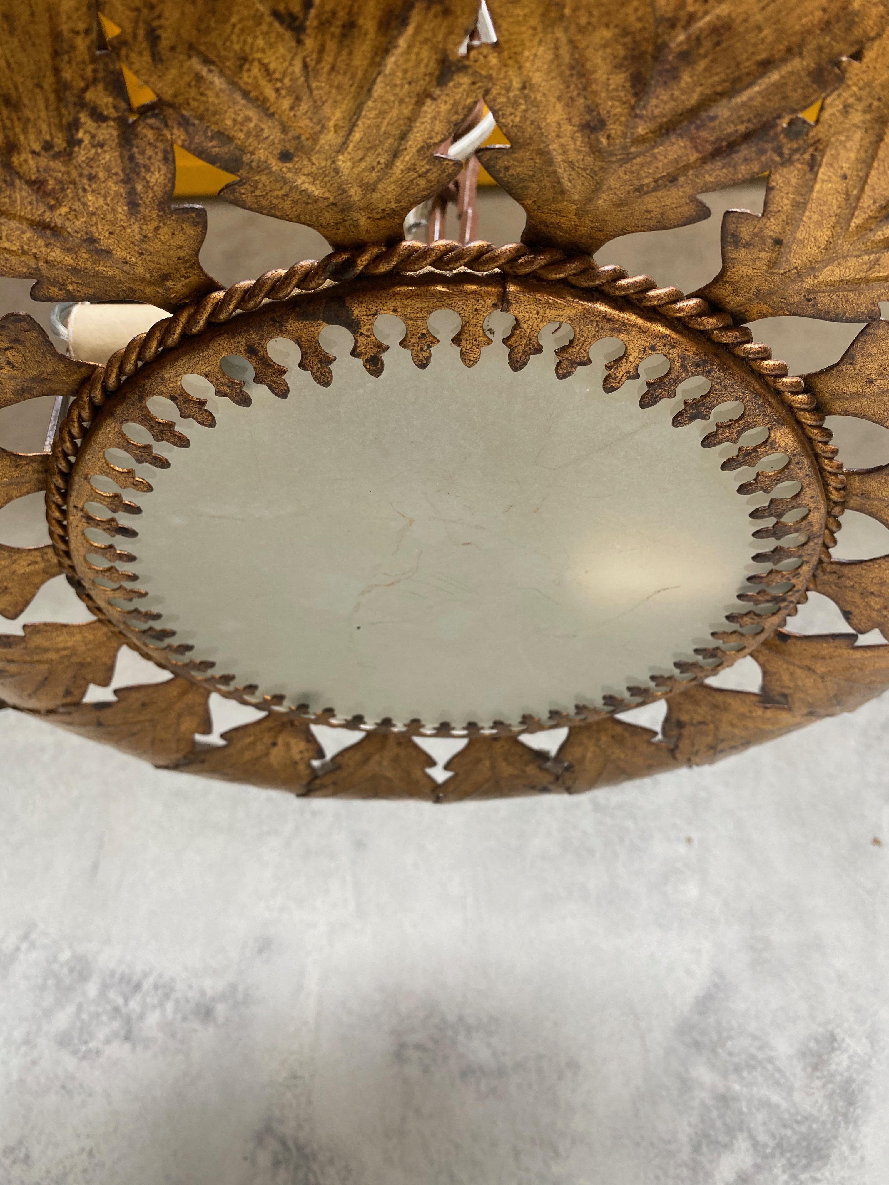 Gilt Metal Sunburst Ceiling Fixture with Feathered Rays For Sale 3