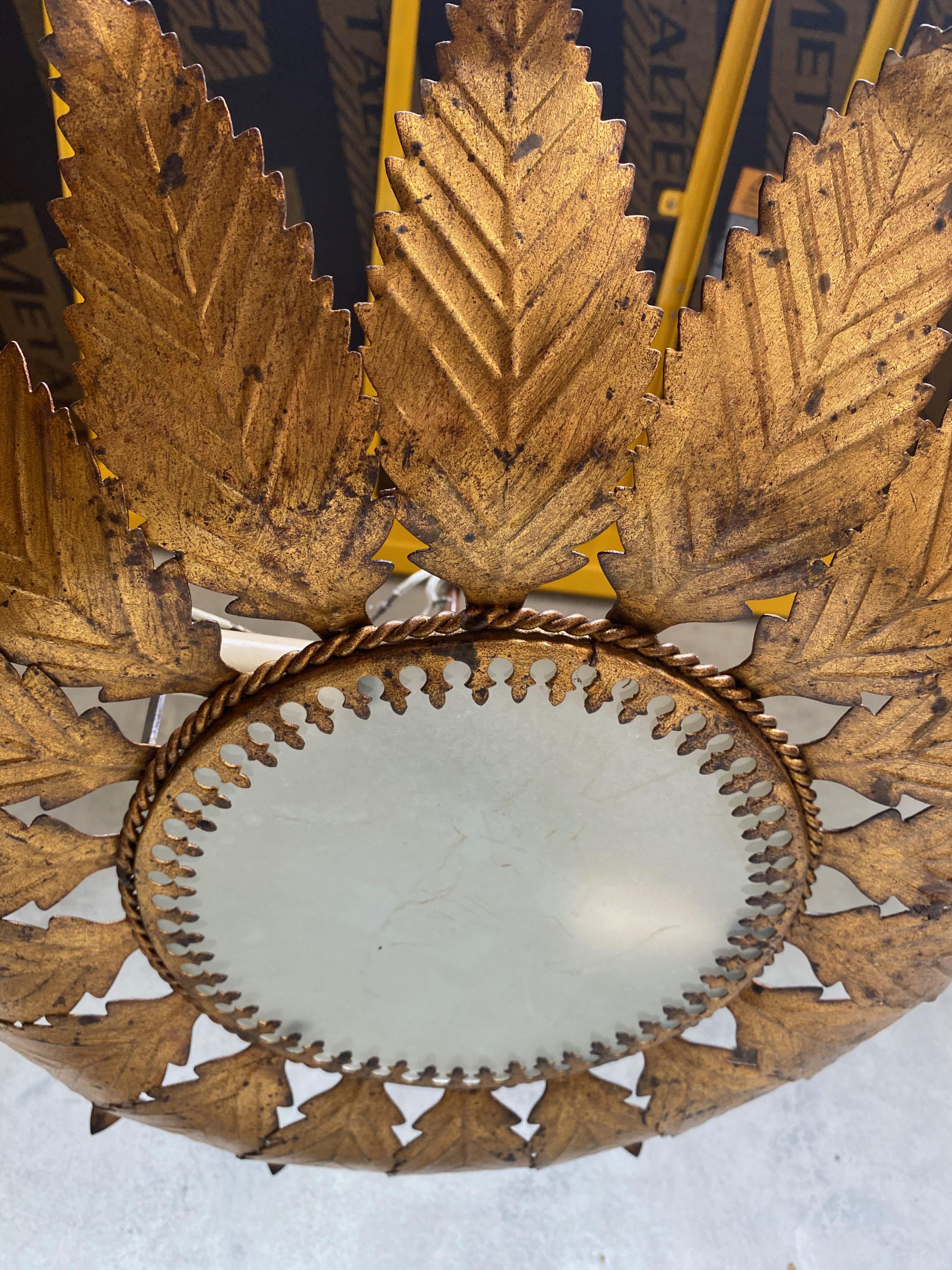 Gilt Metal Sunburst Ceiling Fixture with Feathered Rays For Sale 4