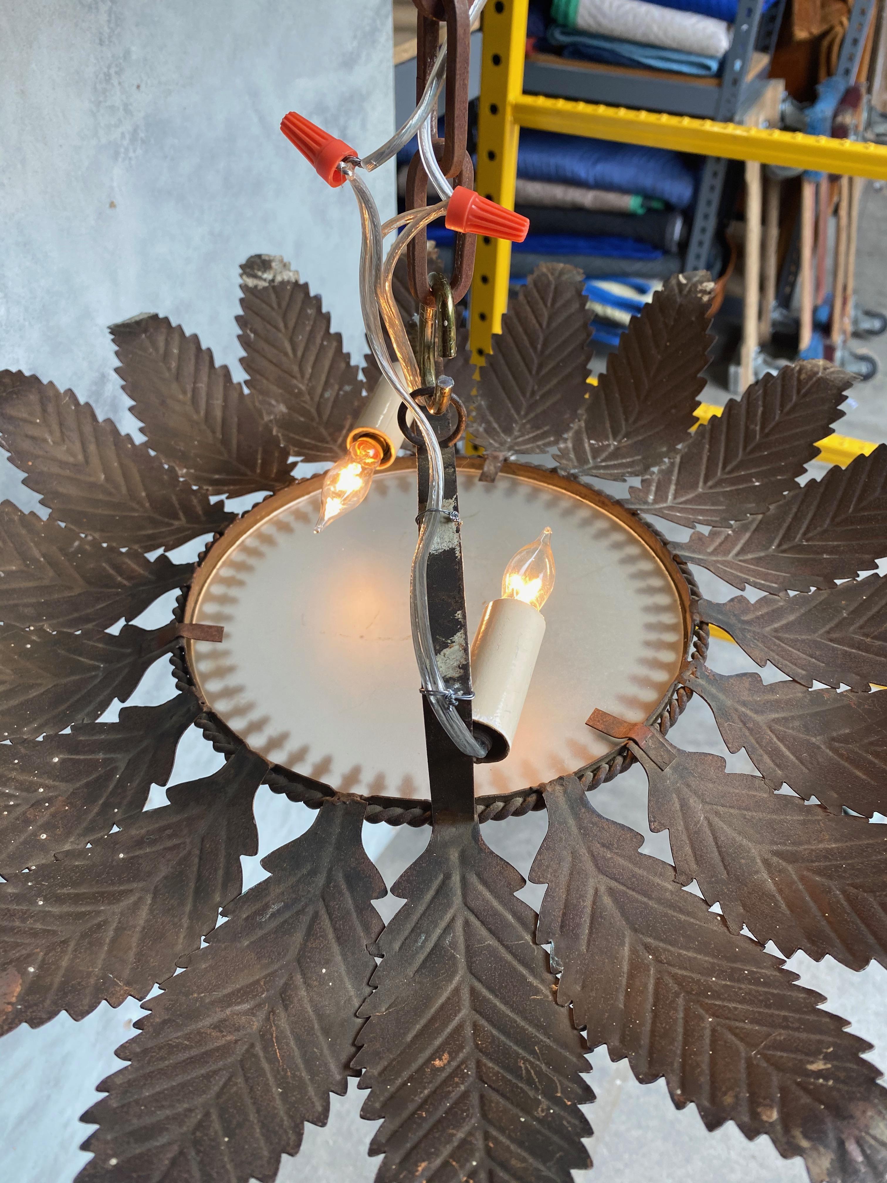 Gilt Metal Sunburst Ceiling Fixture with Feathered Rays For Sale 6