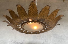 Gilt Metal Sunburst Ceiling Fixture with Feathered Rays