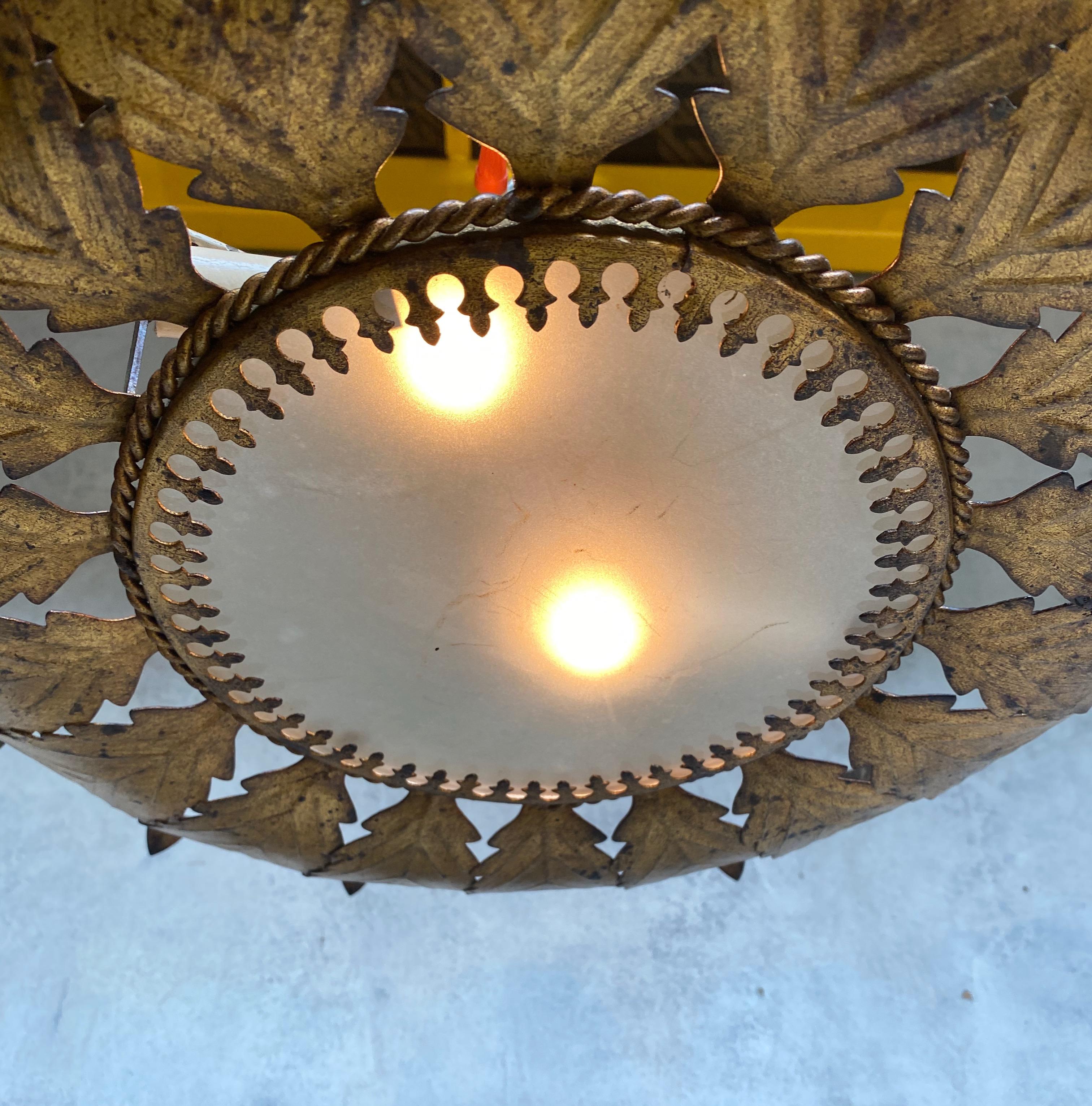 Mid-Century Modern Gilt Metal Sunburst Ceiling Fixture with Feathered Rays For Sale