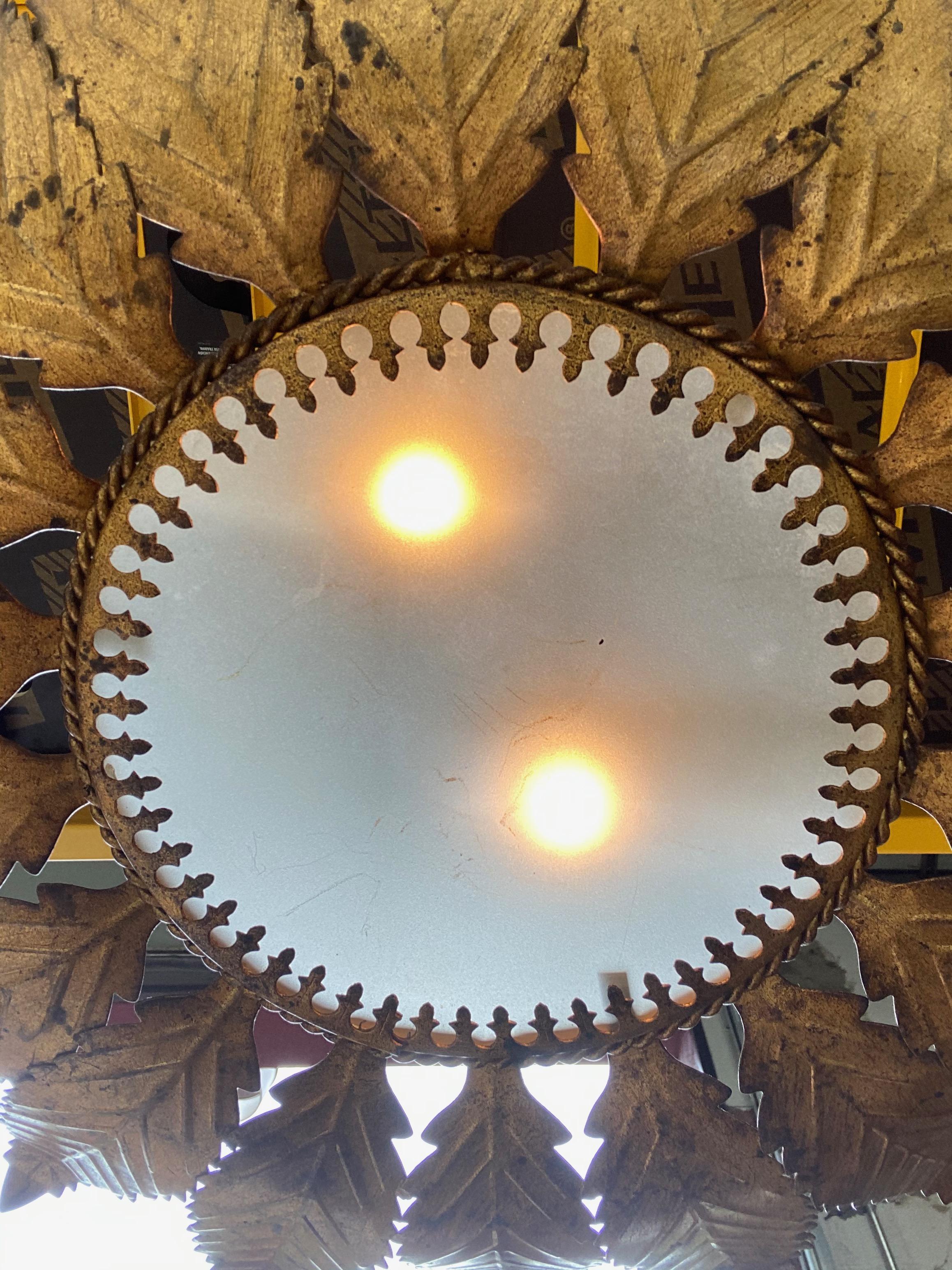 Mid-20th Century Gilt Metal Sunburst Ceiling Fixture with Feathered Rays For Sale