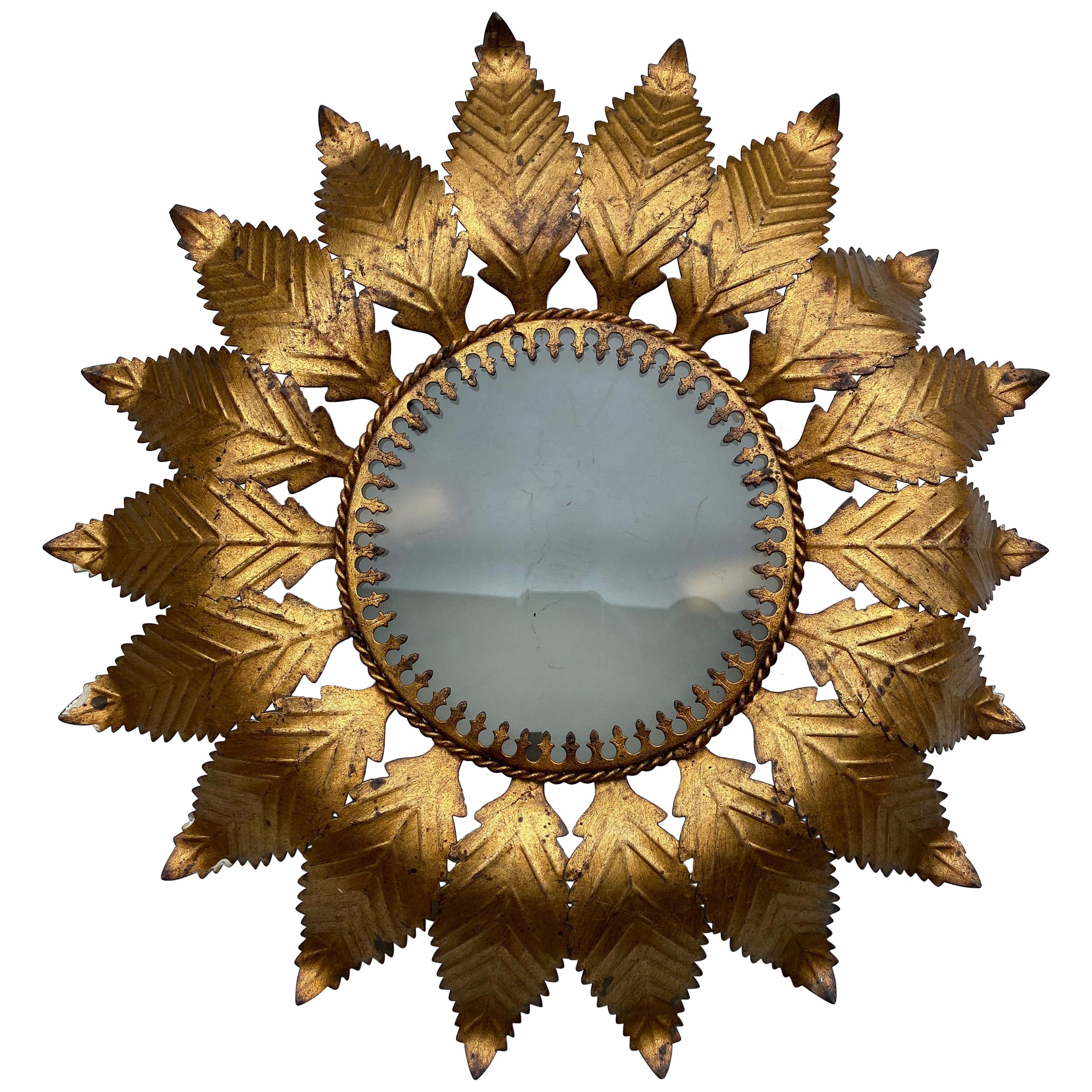 Gilt Metal Sunburst Ceiling Fixture with Feathered Rays For Sale