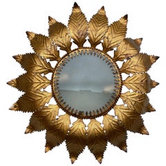 Retro Gilt Metal Sunburst Ceiling Fixture with Feathered Rays