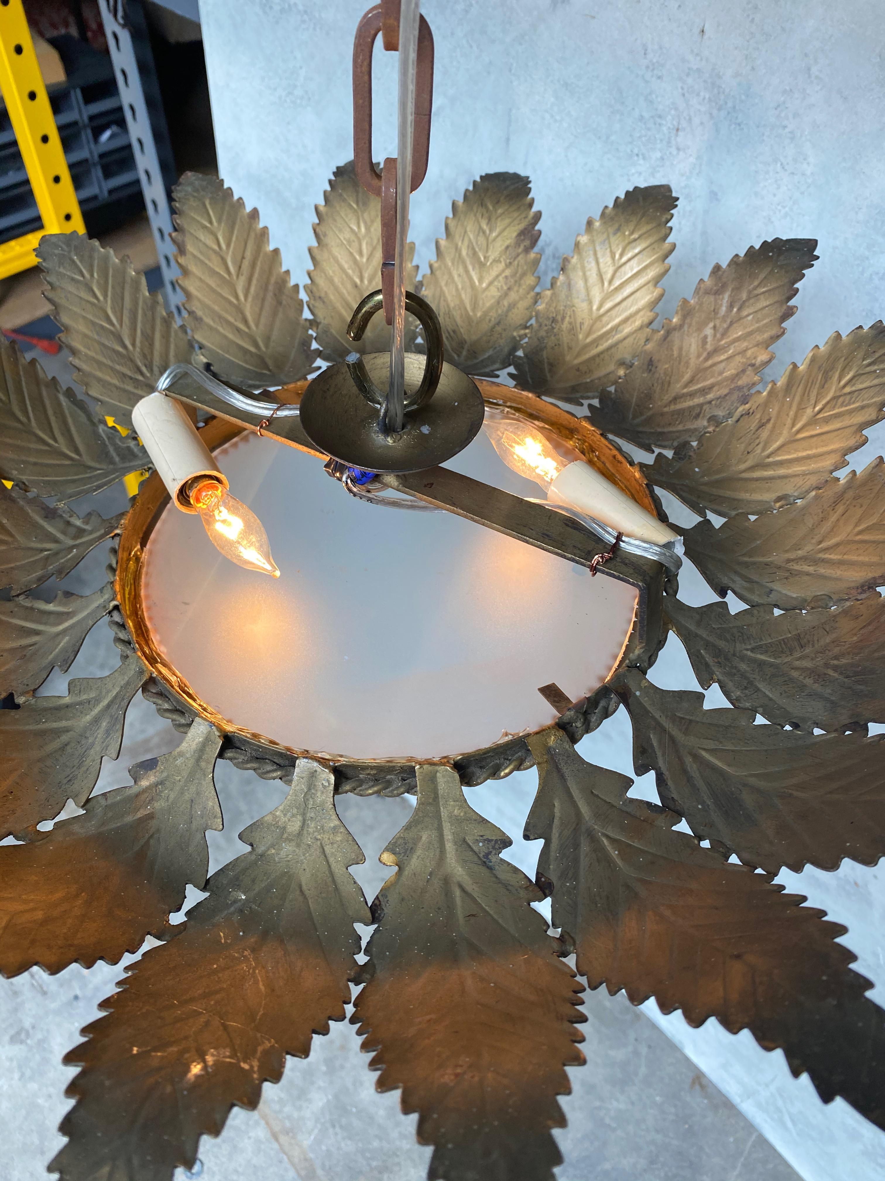 Gilt Metal Sunburst Ceiling Fixture with Leaf Rays For Sale 7