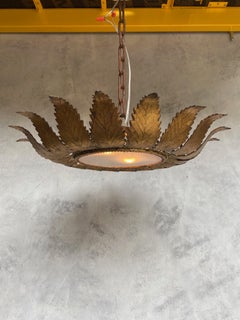 Gilt Metal Sunburst Ceiling Fixture with Leaf Rays