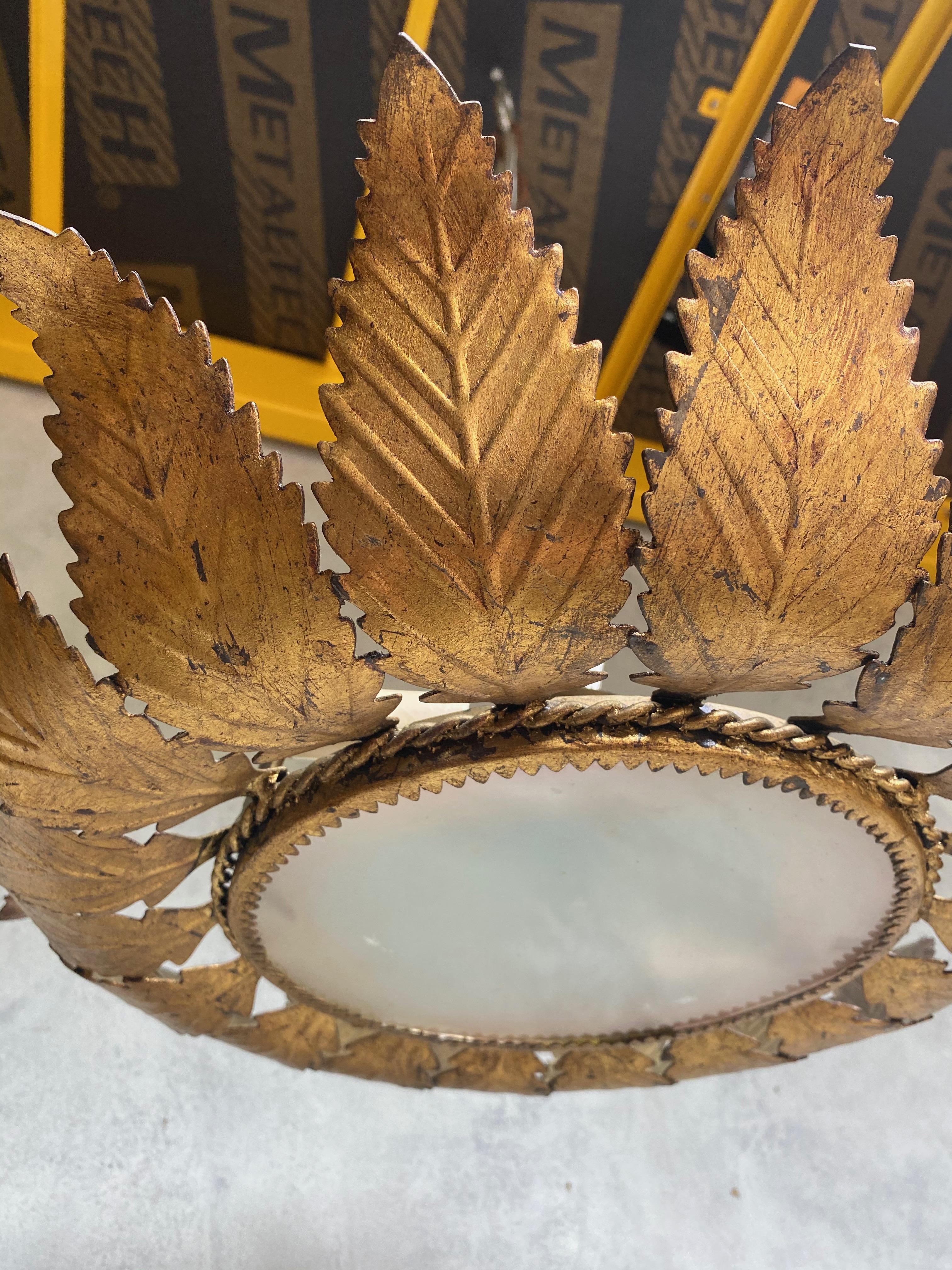 Gilt Metal Sunburst Ceiling Fixture with Leaf Rays In Good Condition For Sale In Buchanan, NY