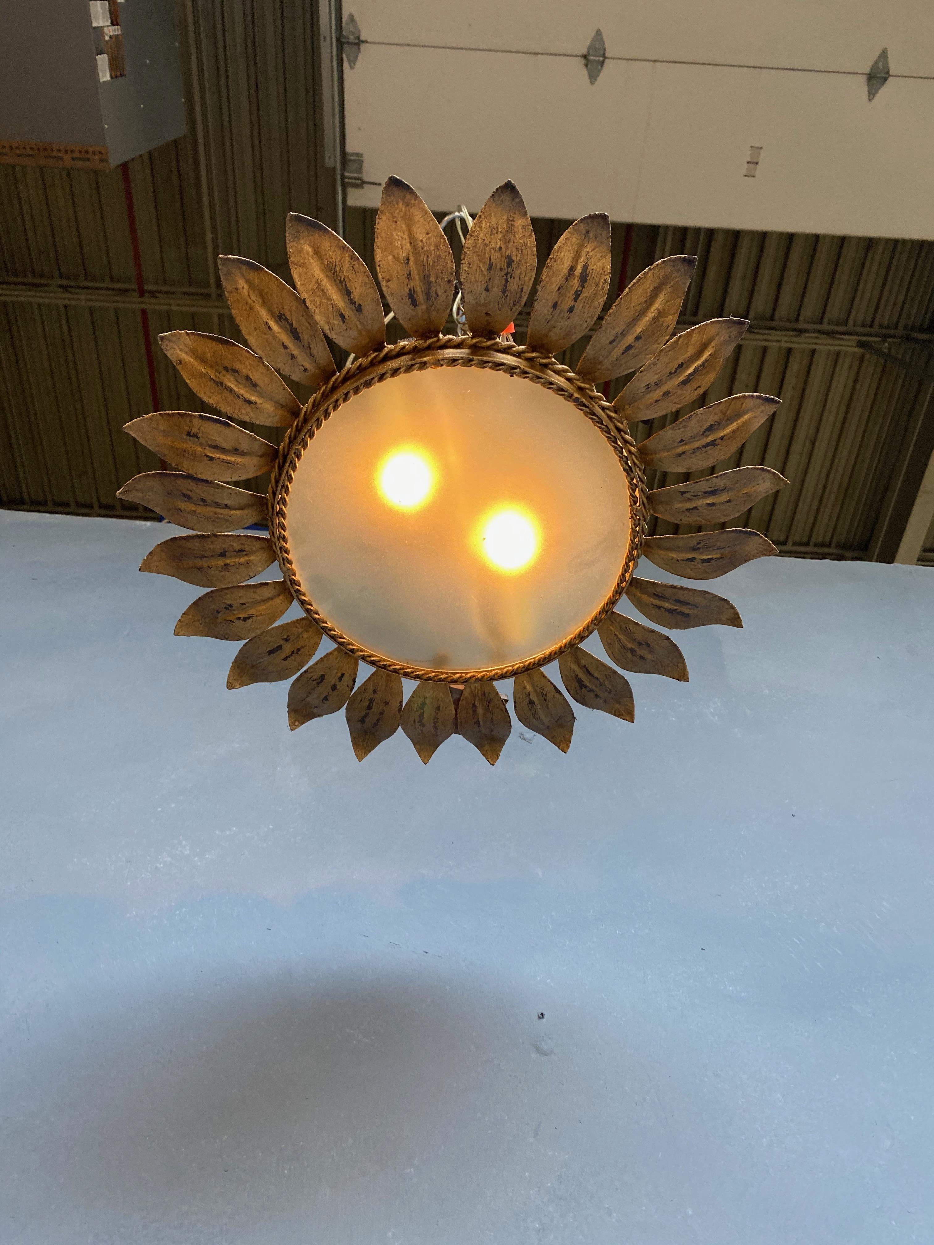 Gilt Metal Sunburst Ceiling Fixture with Radiating Leaf Design 3