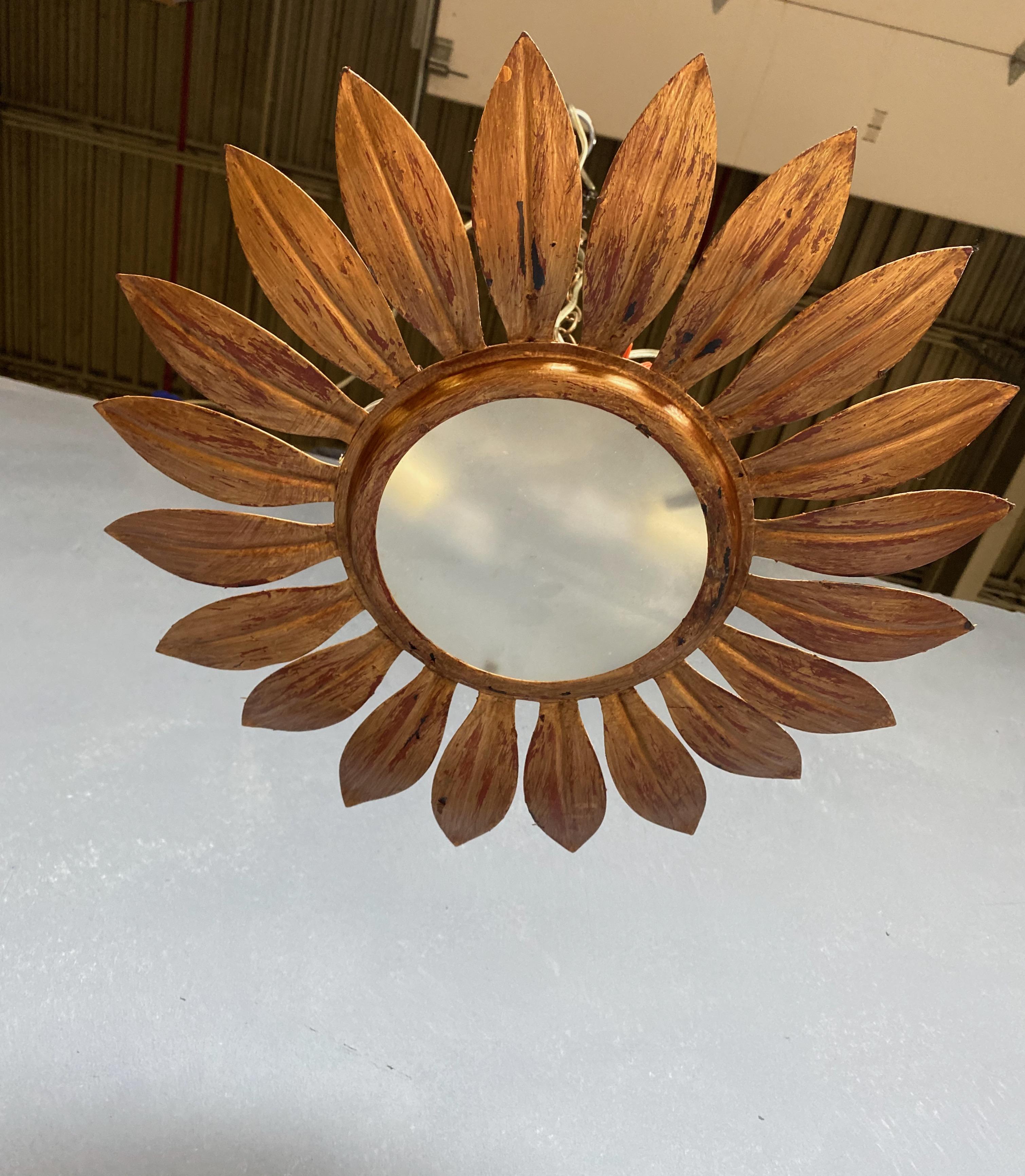 Gilt Metal Sunburst Ceiling Fixture with Radiating Leaves 4