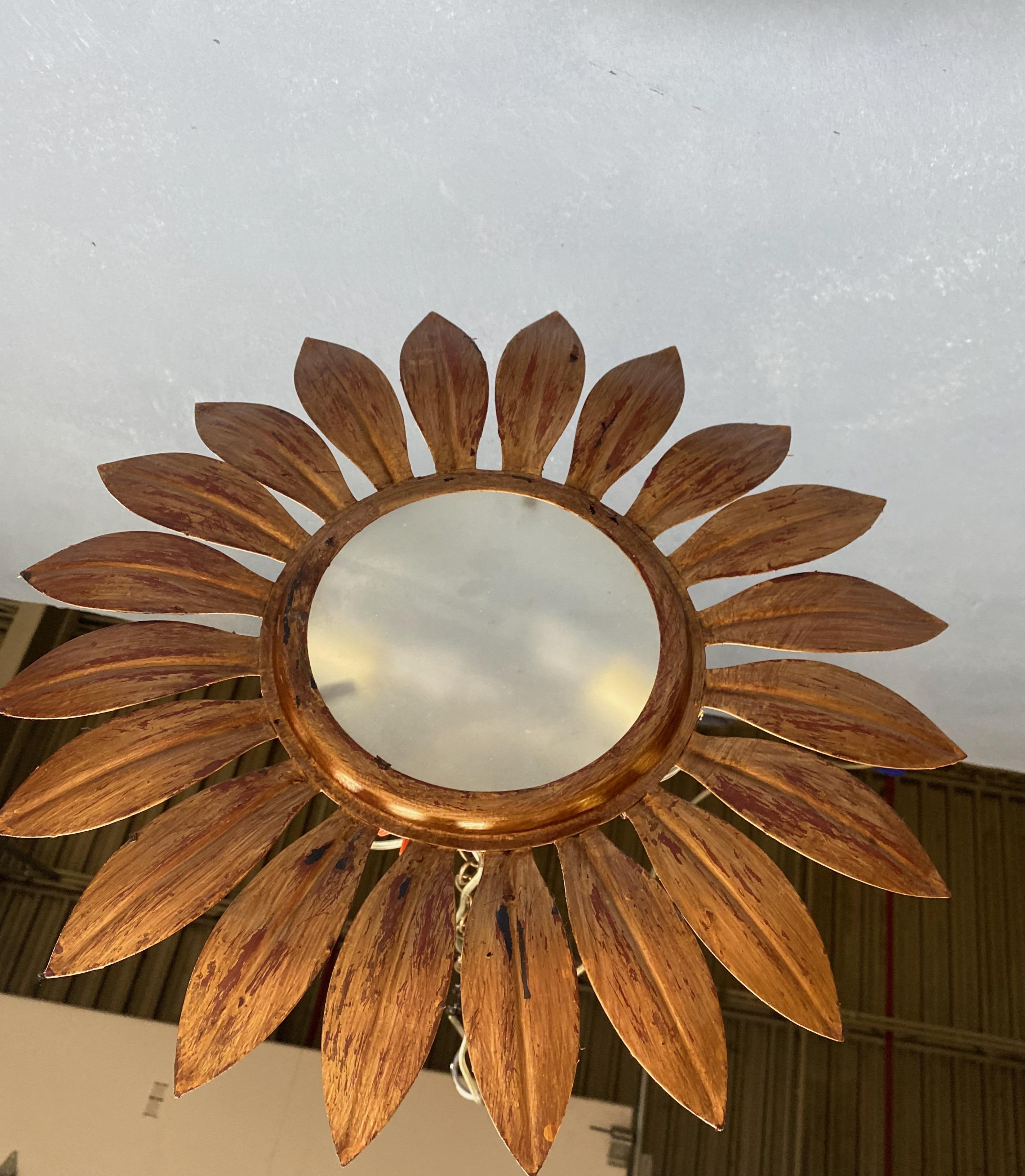 Gilt Metal Sunburst Ceiling Fixture with Radiating Leaves 6