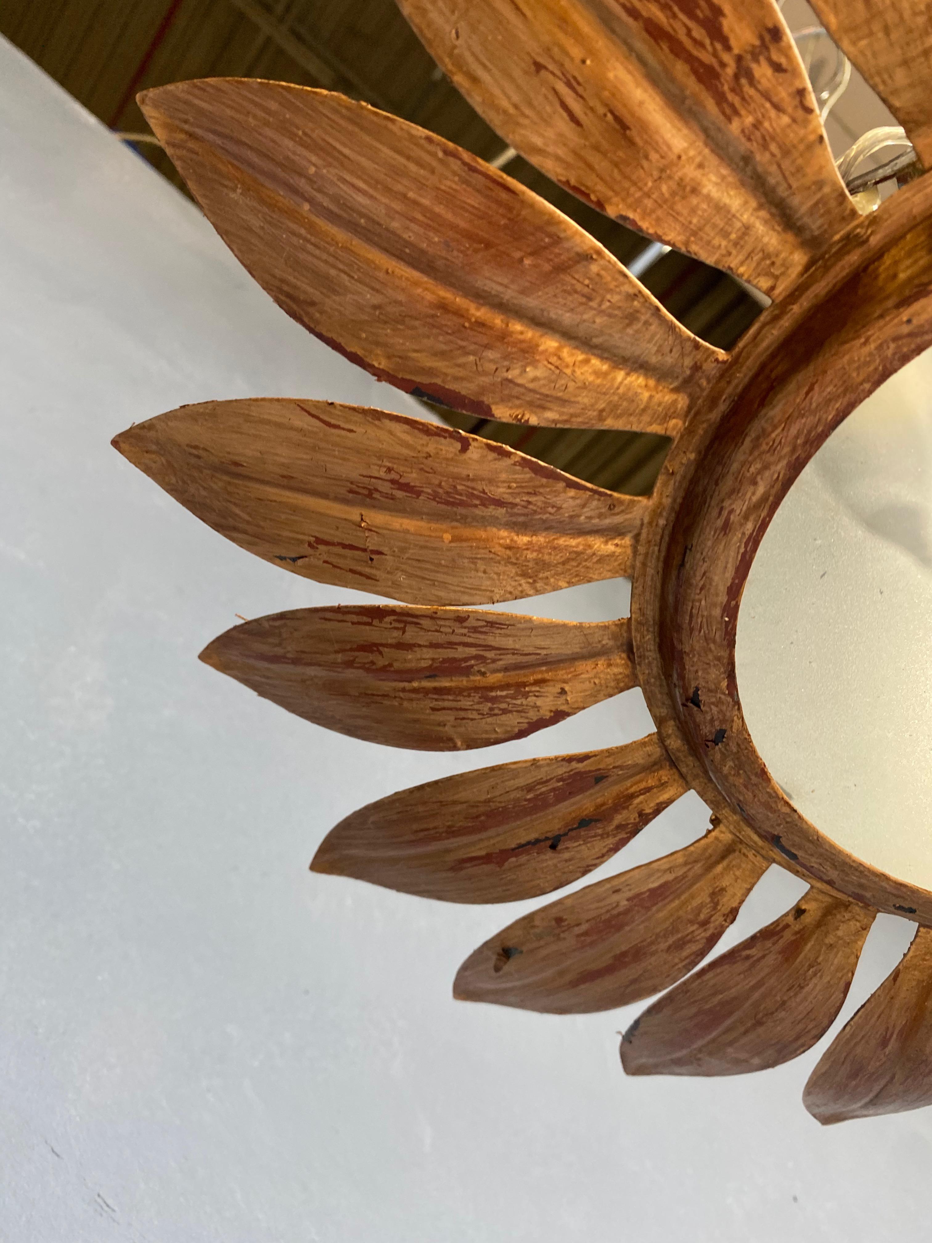 Art Nouveau Gilt Metal Sunburst Ceiling Fixture with Radiating Leaves