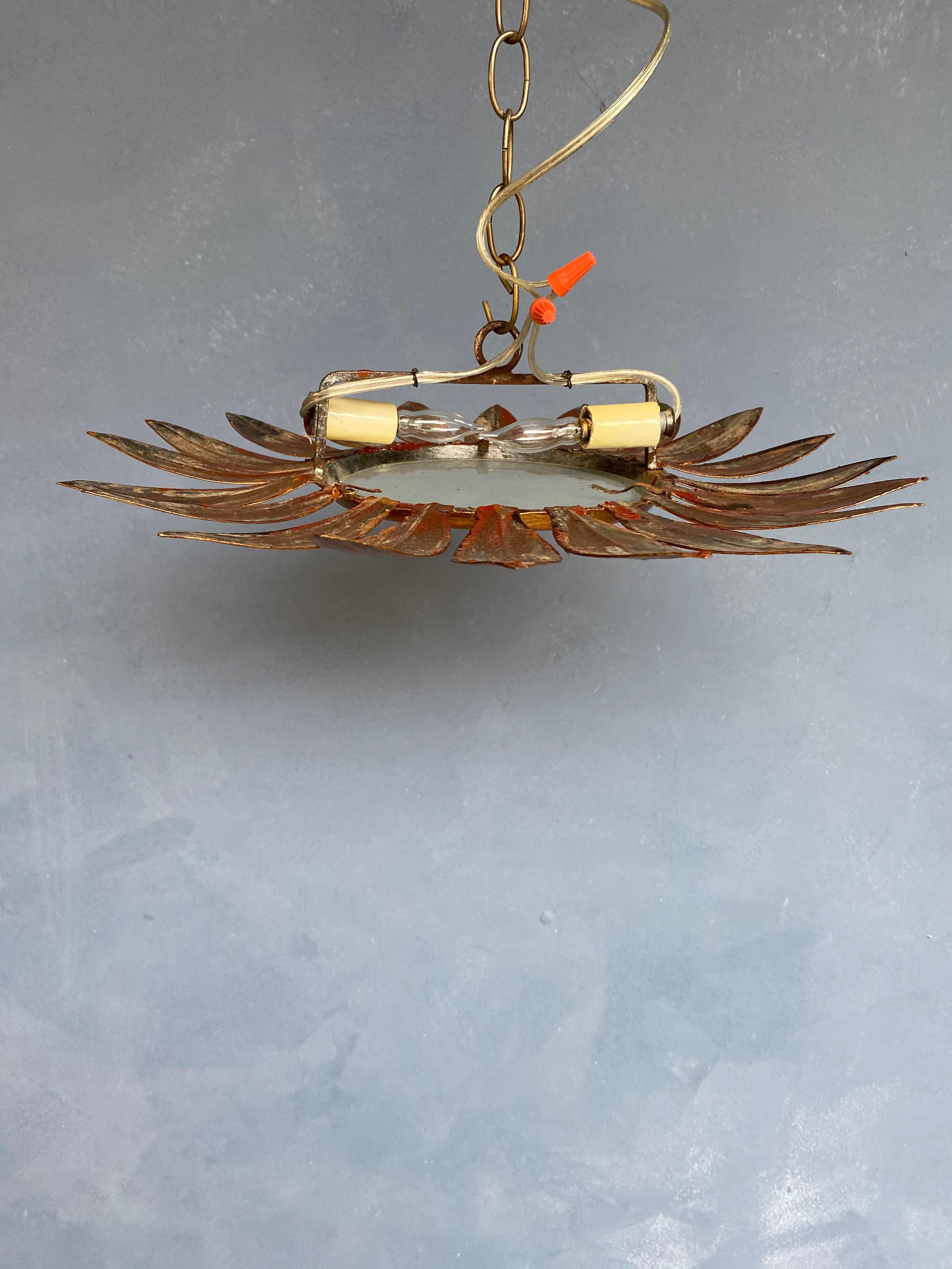 Spanish Gilt Metal Sunburst Ceiling Fixture with Radiating Leaves