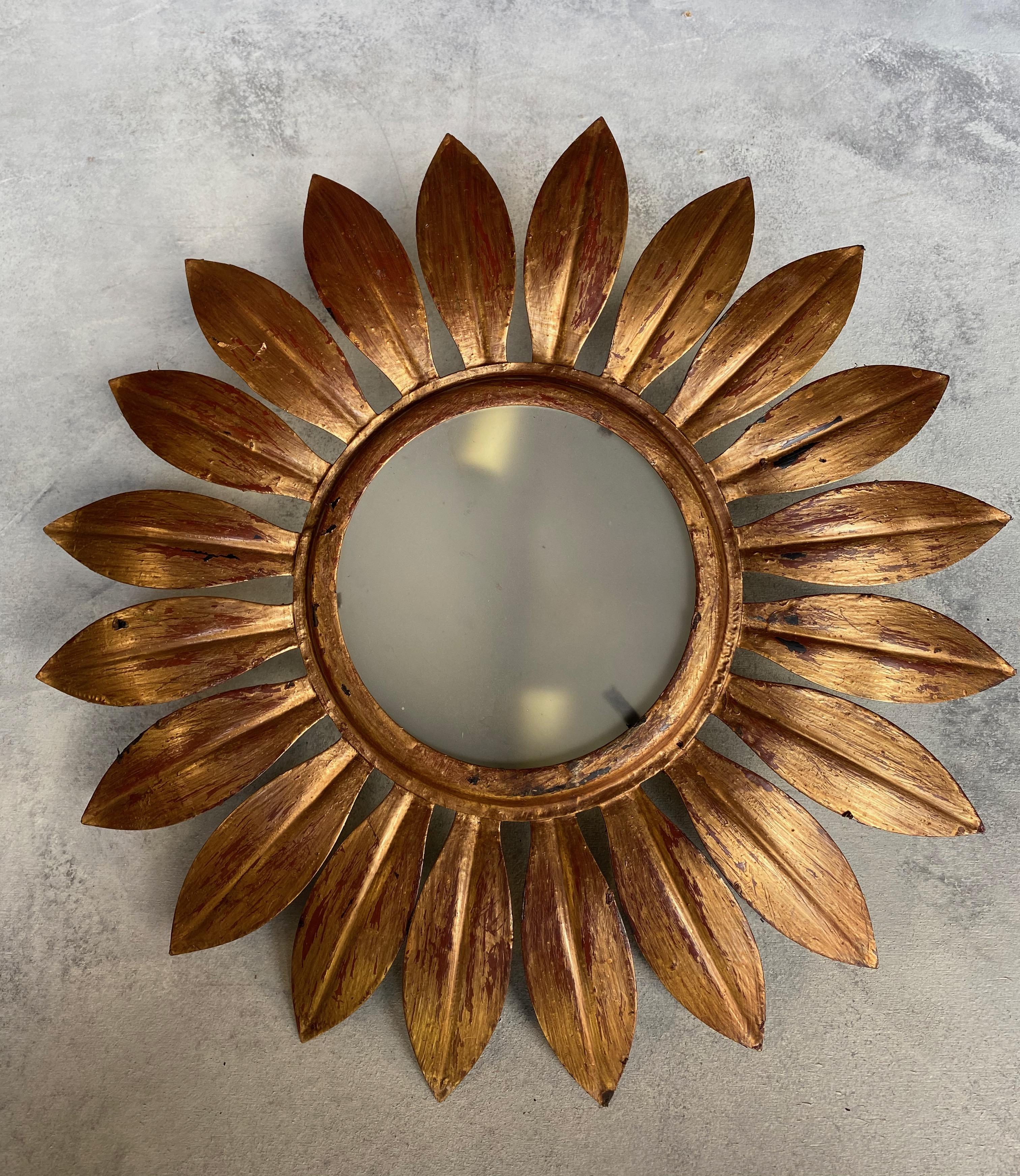 Mid-20th Century Gilt Metal Sunburst Ceiling Fixture with Radiating Leaves