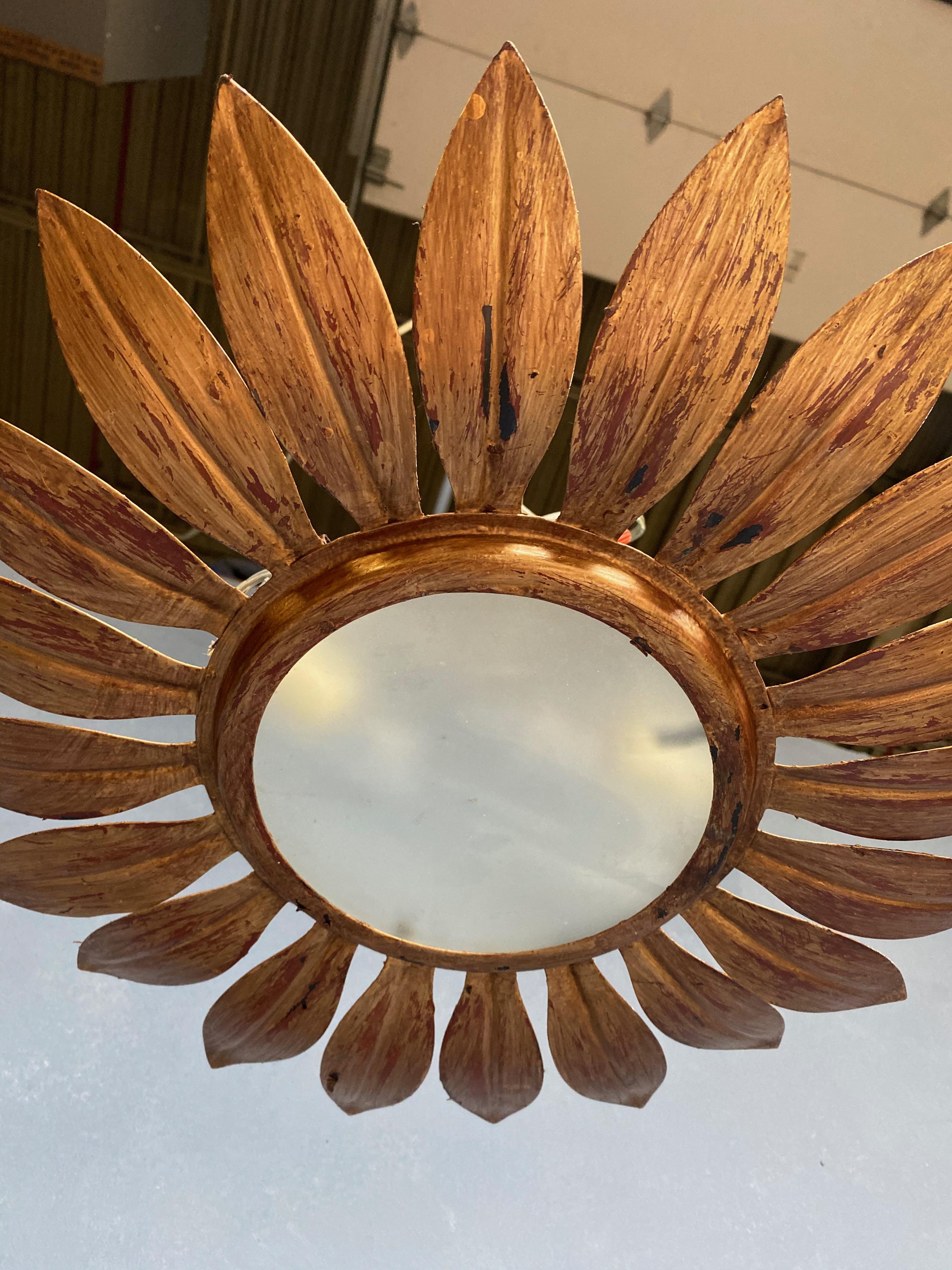 Gilt Metal Sunburst Ceiling Fixture with Radiating Leaves 3