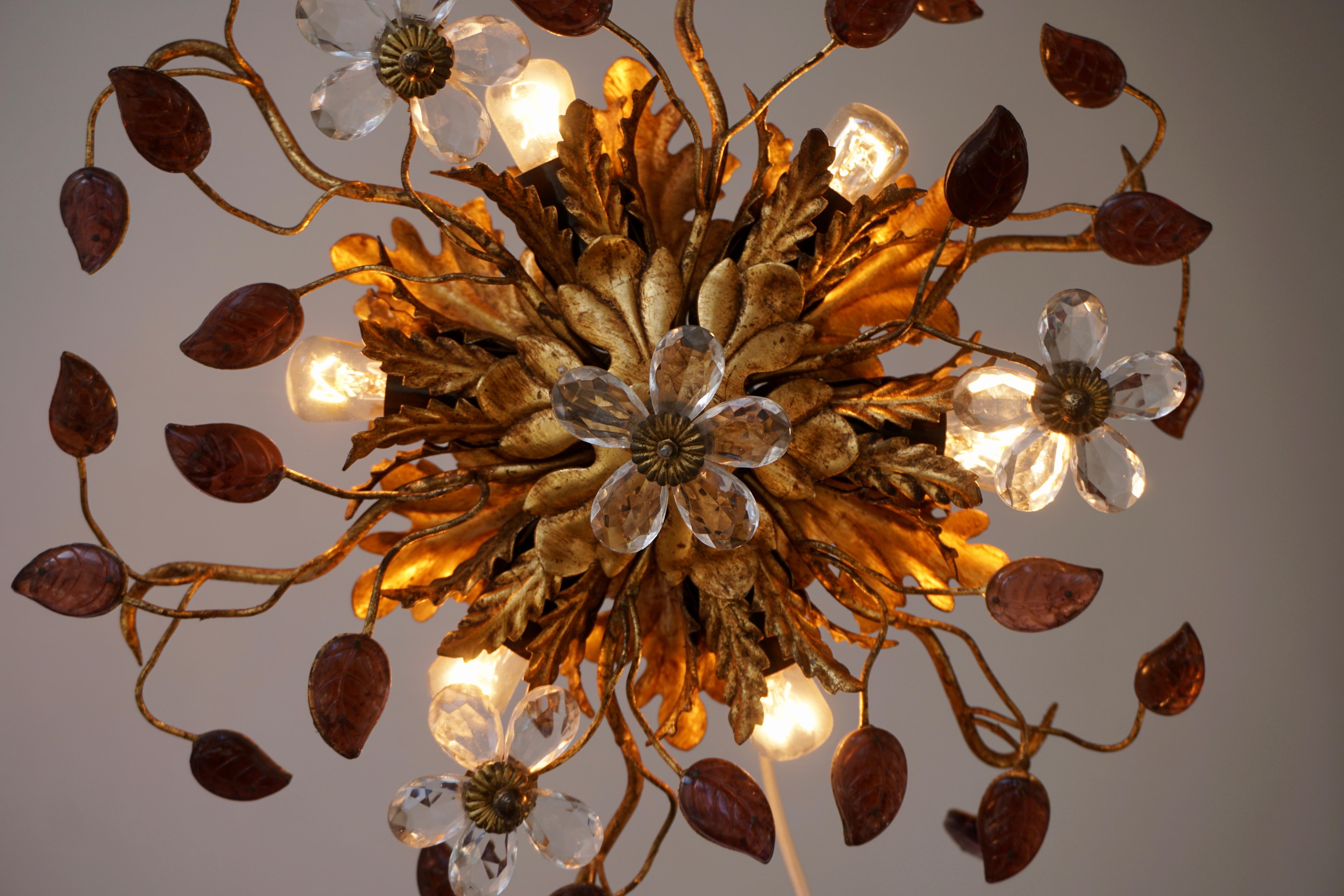 Mid-Century Modern Gilt Metal Sunburst Flush Mount Light or Sconce, Italy